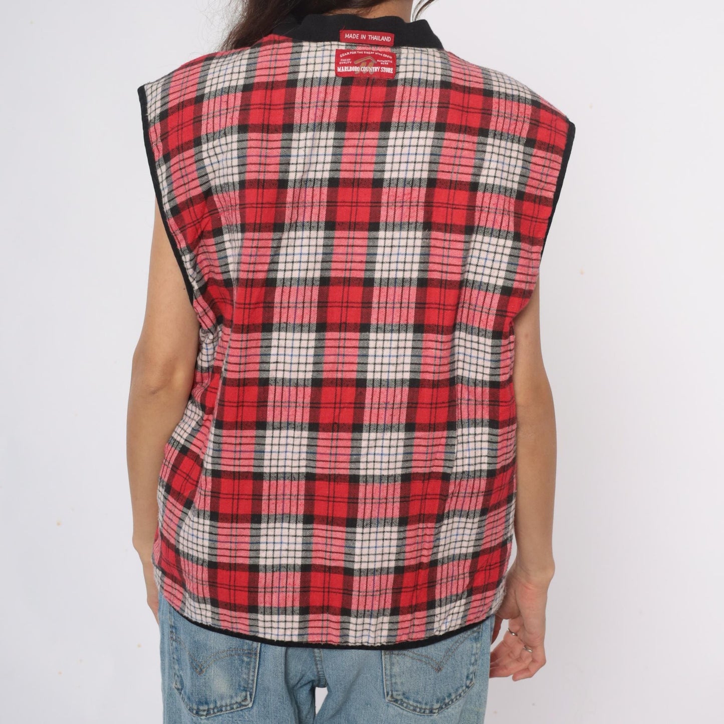 90s Marlboro Country Store Reversible Vest Black Plaid Cotton Large L