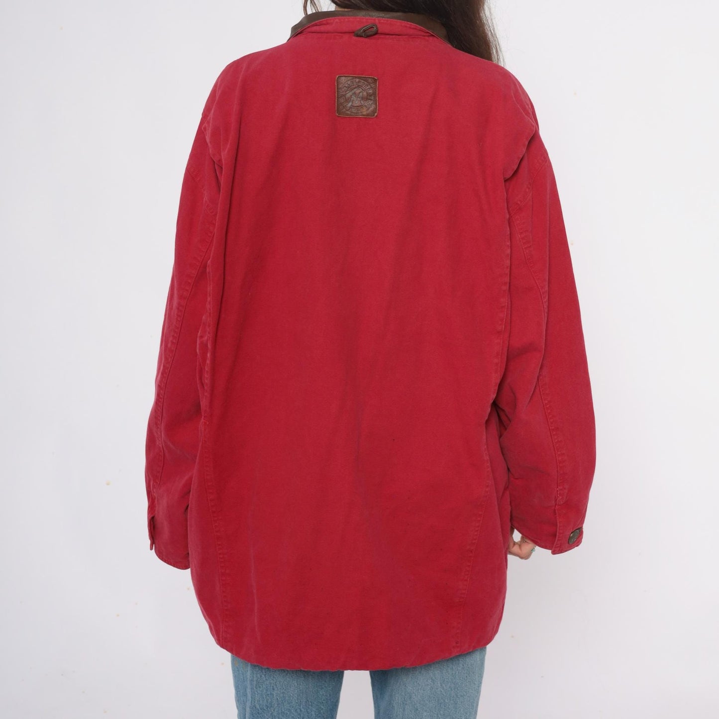 90s Marlboro Red Cotton Barn Jacket Leather Collar Workwear Extra Large XL