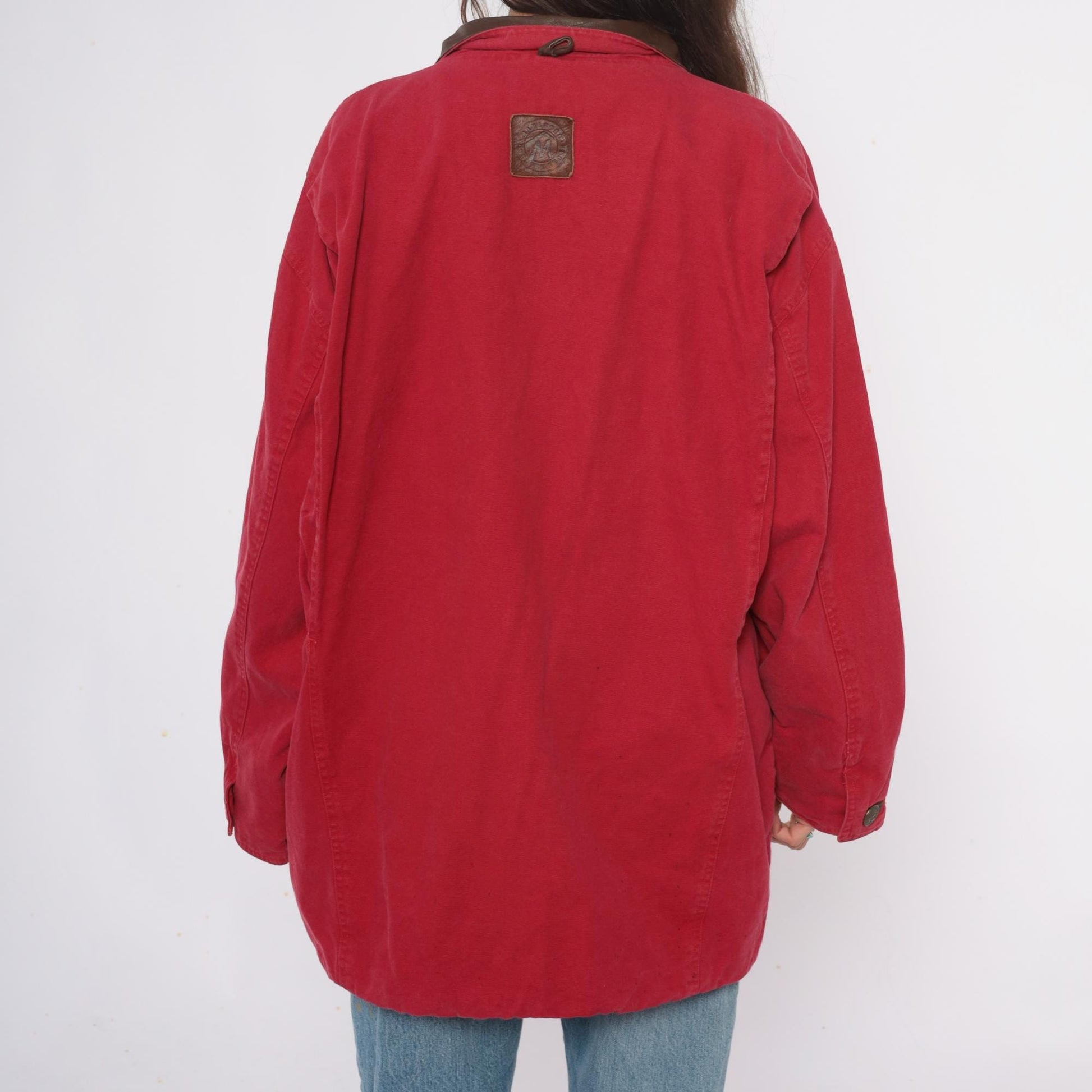 90s Marlboro Red Cotton Barn Jacket Leather Collar Workwear Extra Large XL