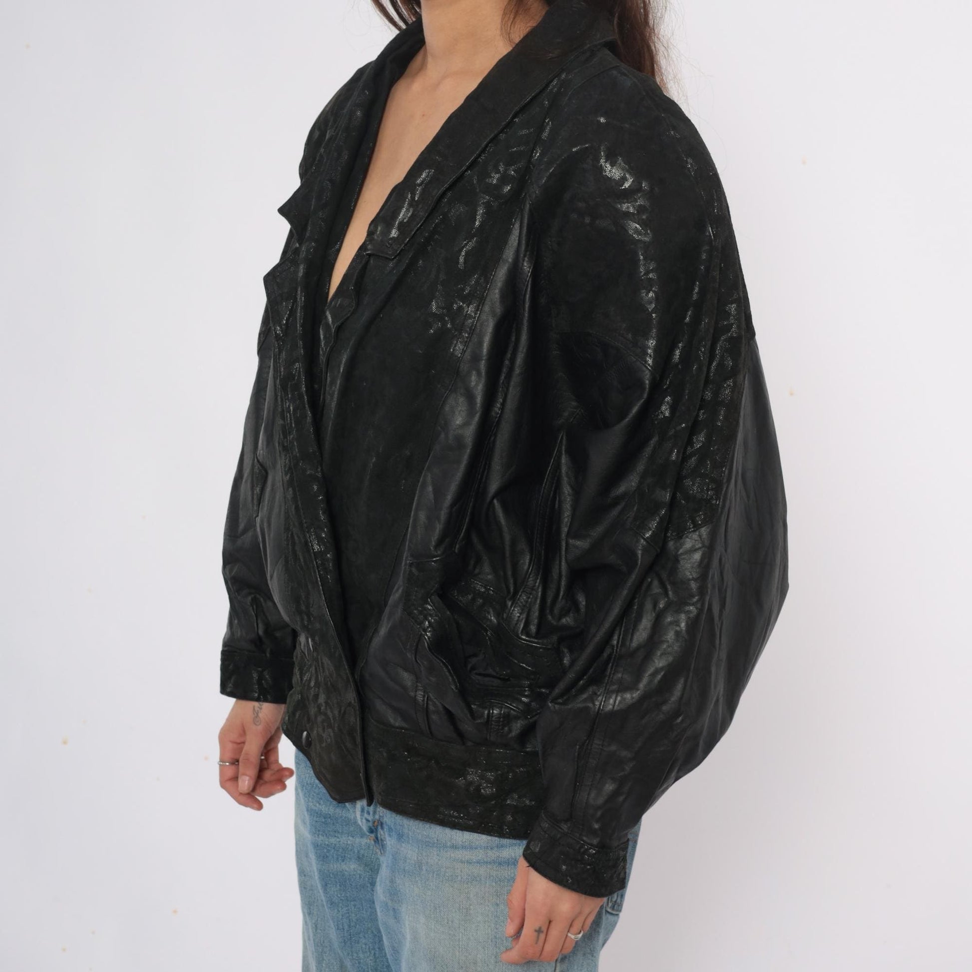 90s Black Leather Bomber Jacket Embossed Shawl Collar Medium M