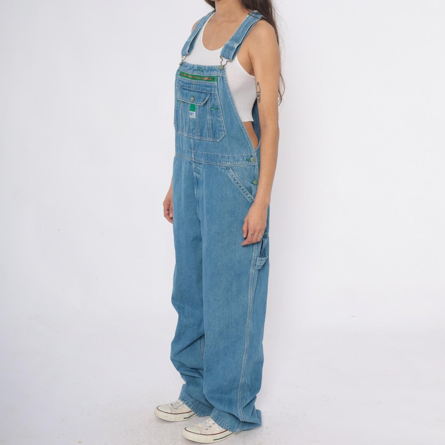 Y2K Liberty Light Blue Denim Overalls Green Stitching Carpenter Large L