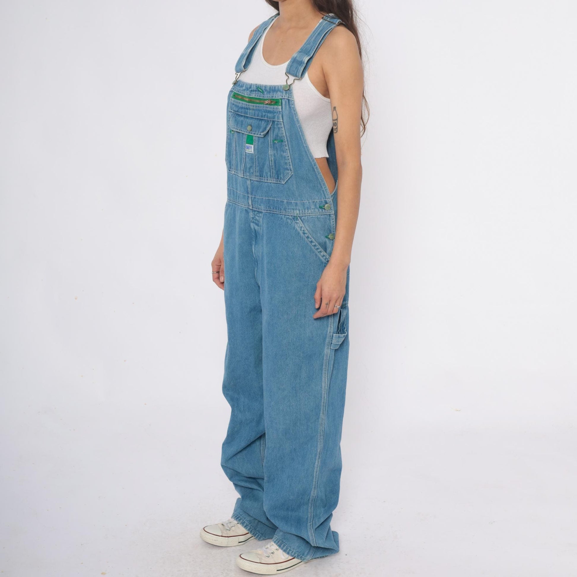 Y2K Liberty Light Blue Denim Overalls Green Stitching Carpenter Large L