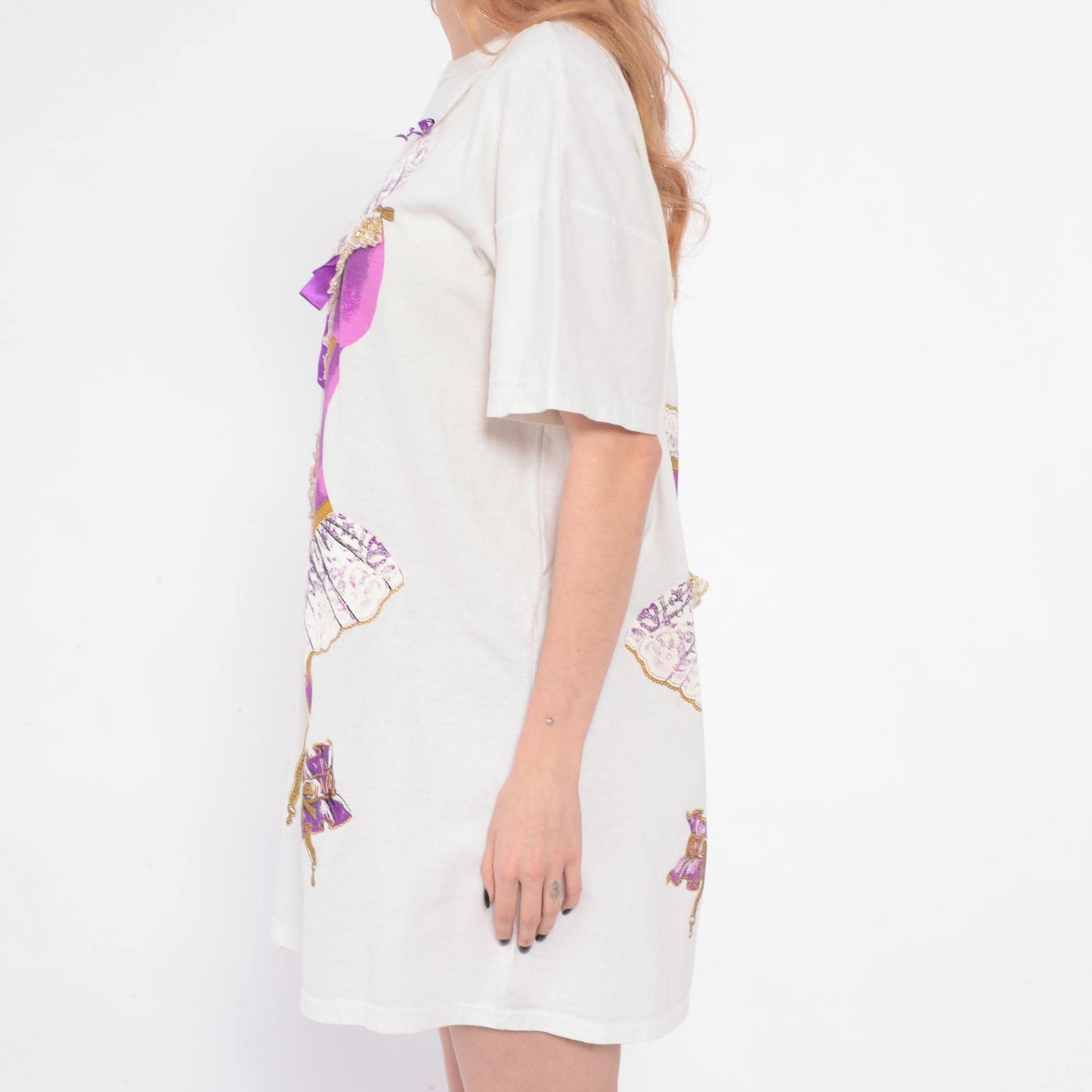 90s Heart To Heart Corset Print Nightshirt White Purple Graphic Sleep Tee One Size
