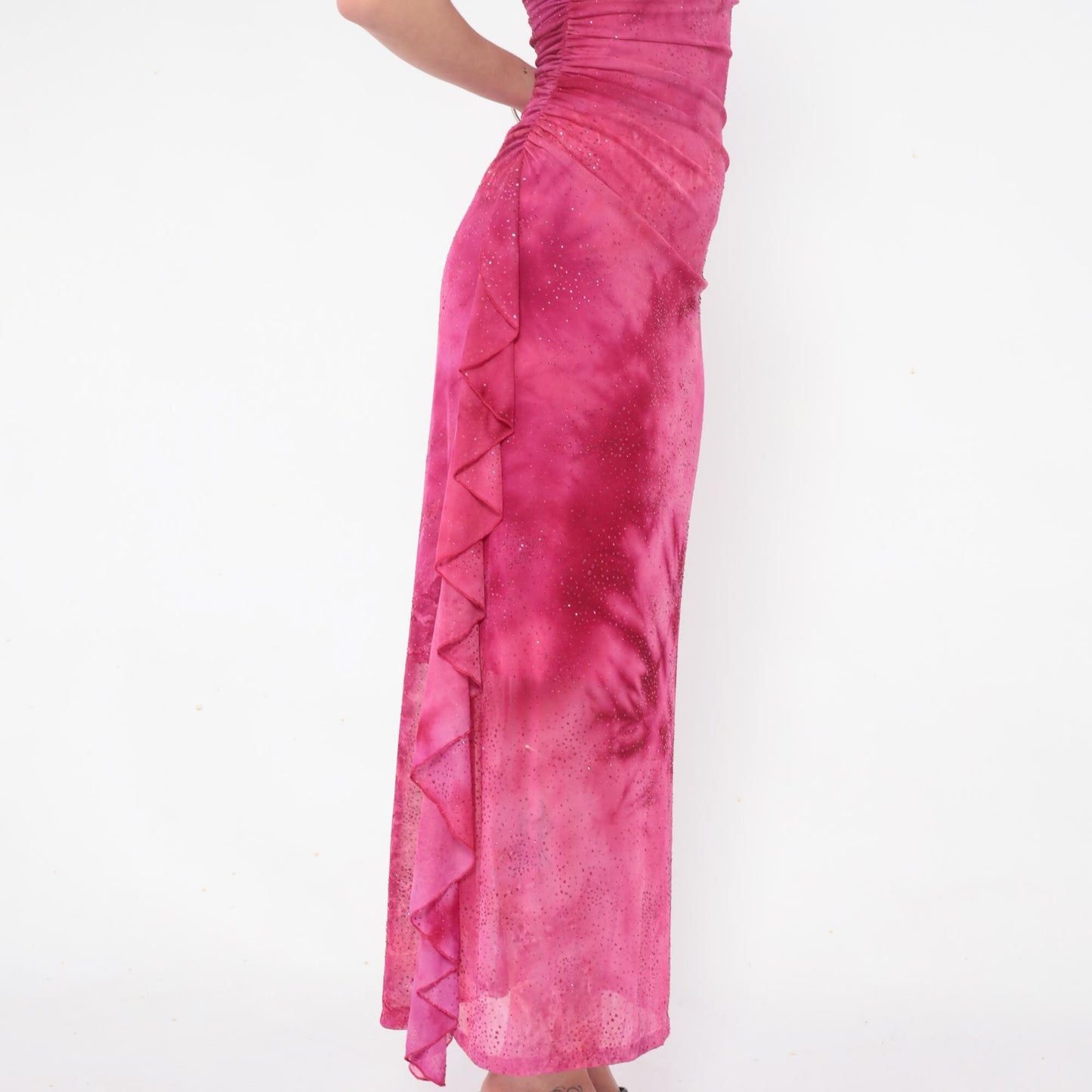 Y2K Hot Pink Sparkle Maxi Dress Ruched Spaghetti Strap Extra Small