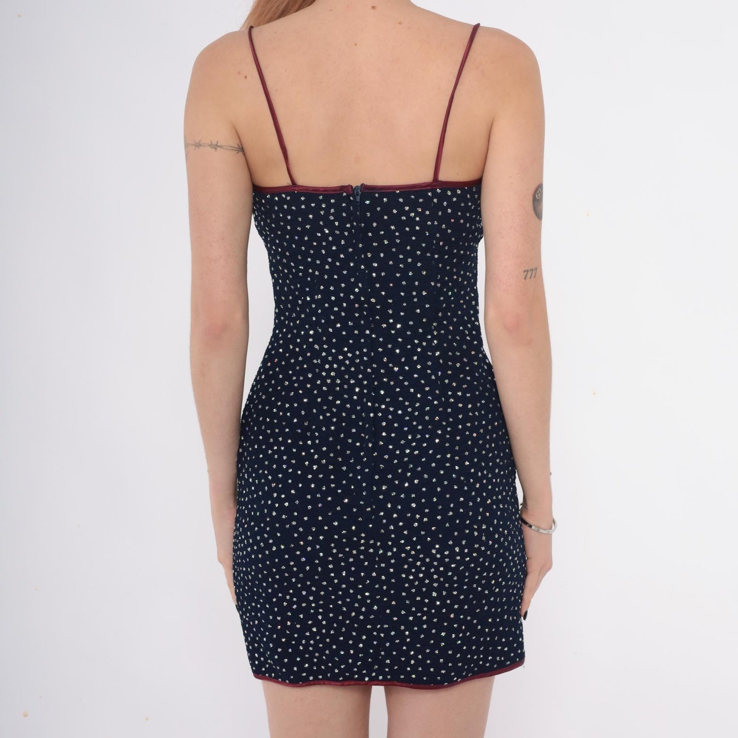 90s La Glo Dark Blue Mini Slip Dress Silver Glitter Dots Spaghetti Strap Small
