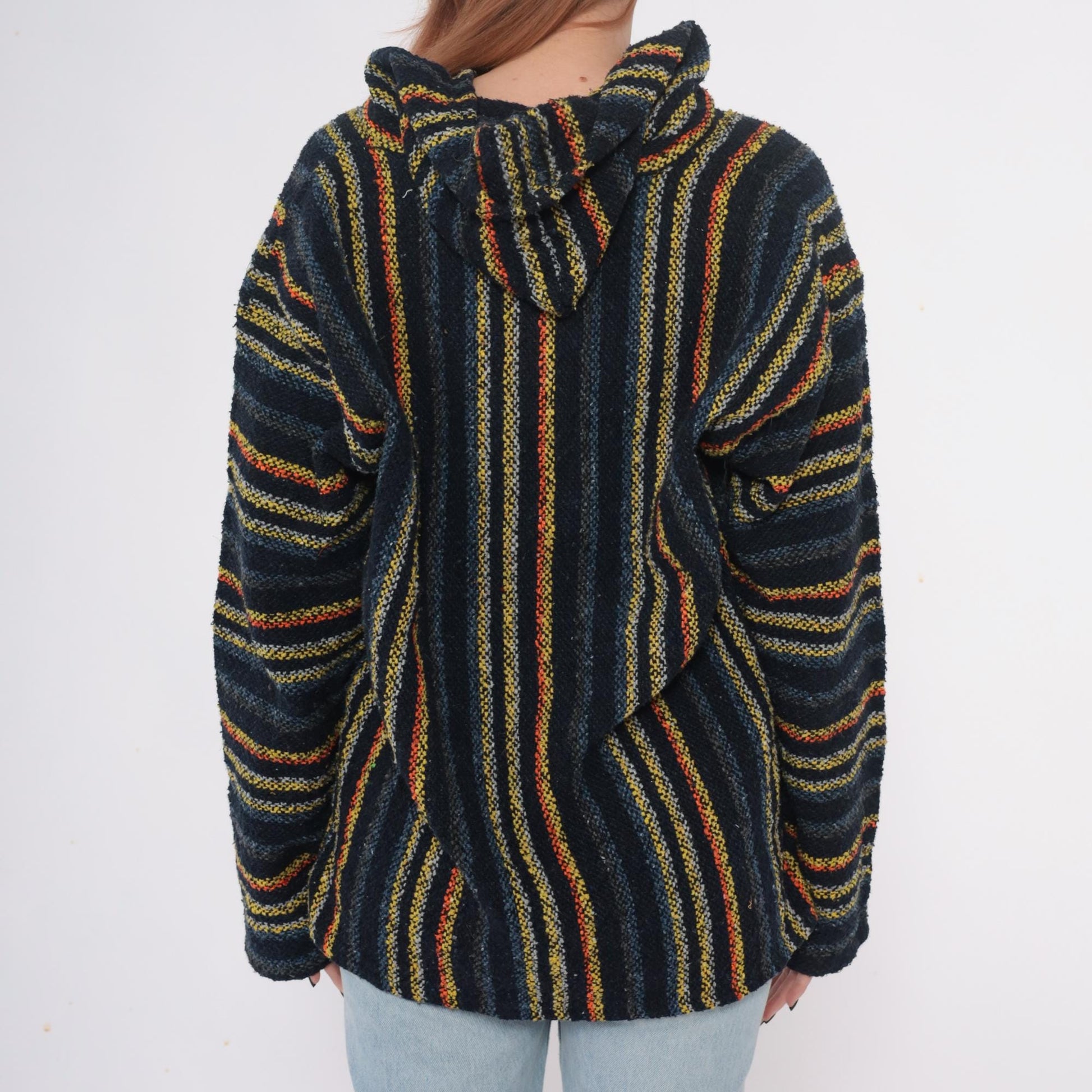 90s Iguana Jack Baja Hoodie Black Striped Woven Kangaroo Pocket Extra Large XL