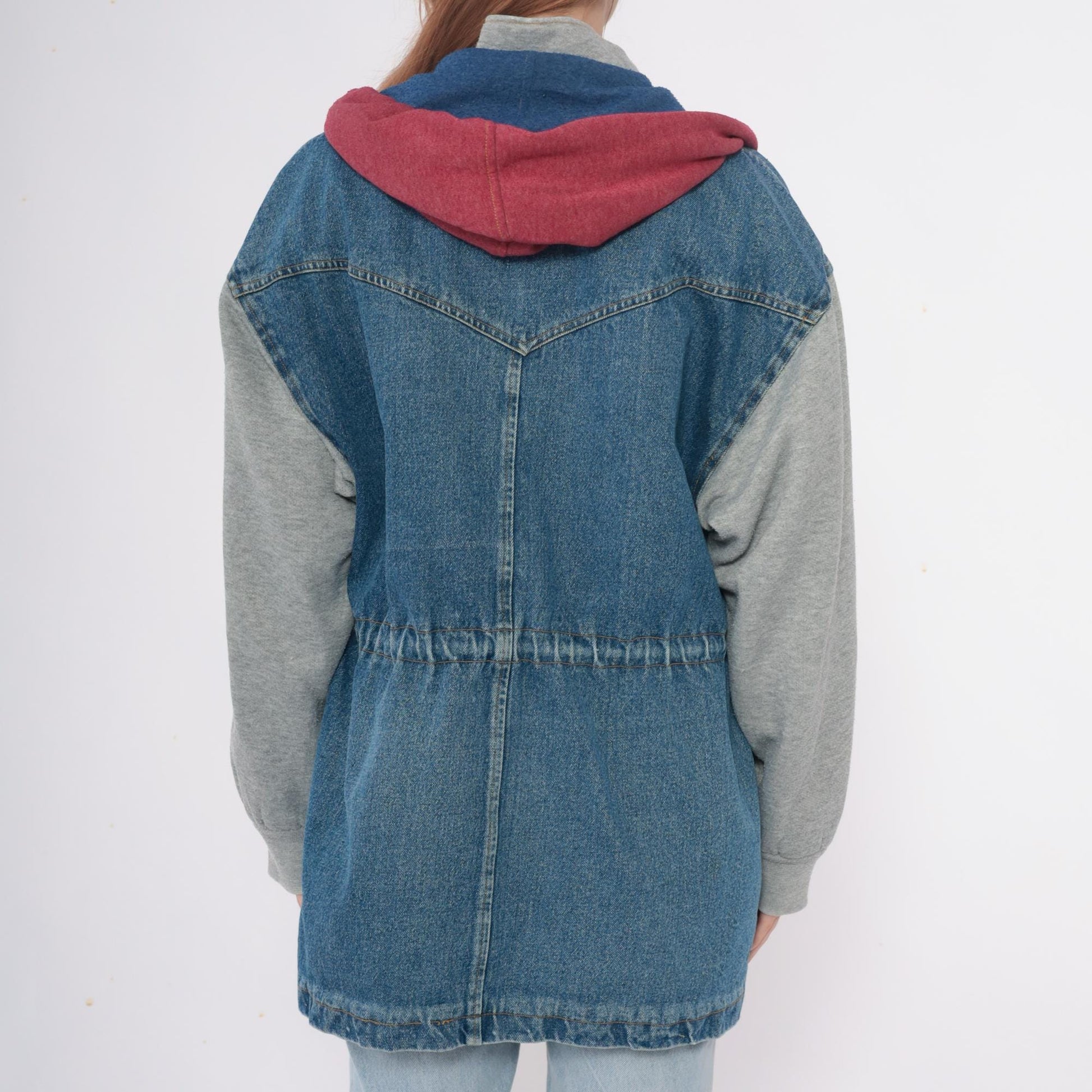 90s New York Girl Denim Jacket Colorblock Hood Toggle Closure Medium M
