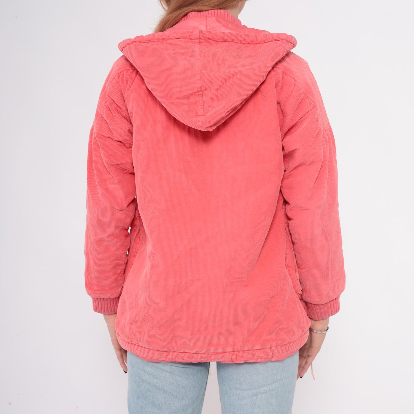 80s Coral Corduroy Hooded Puffer Jacket Zip Front Ribbed Cuffs Small S