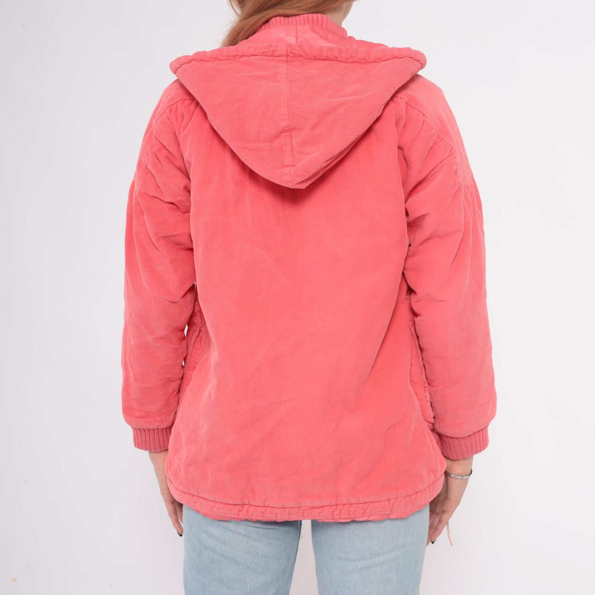 80s Coral Corduroy Hooded Puffer Jacket Zip Front Ribbed Cuffs Small S