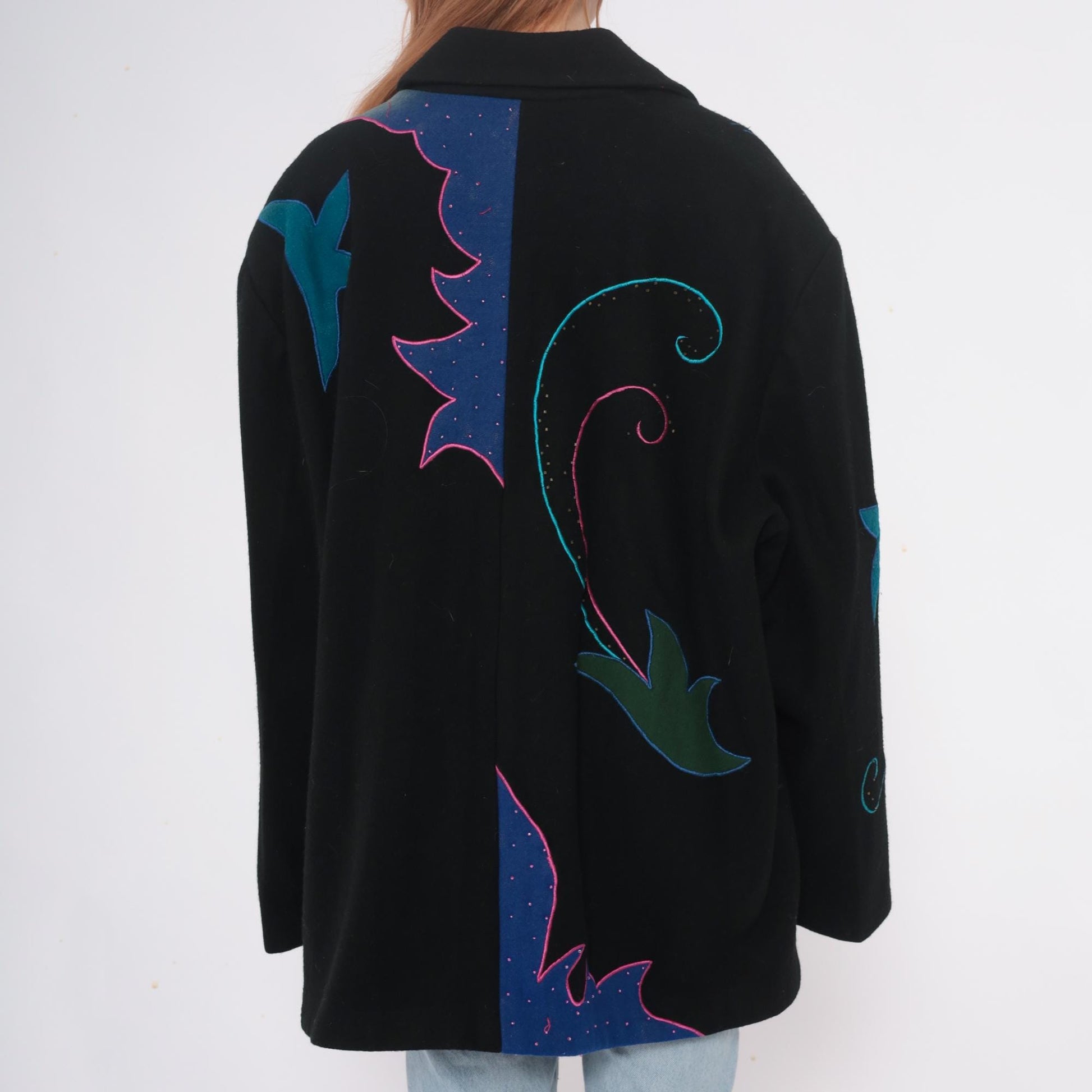 90s Black Wool Blazer Beaded Embroidered Teal Pink Gold Statement Jacket Extra Large
