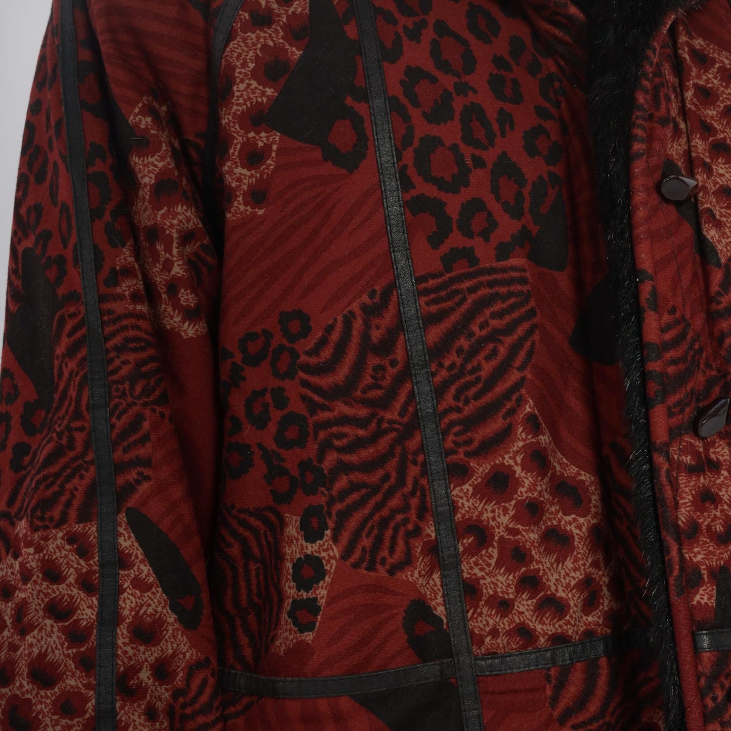 70s Burgundy Patchwork Coat Animal Print Faux Fur Collar Large L