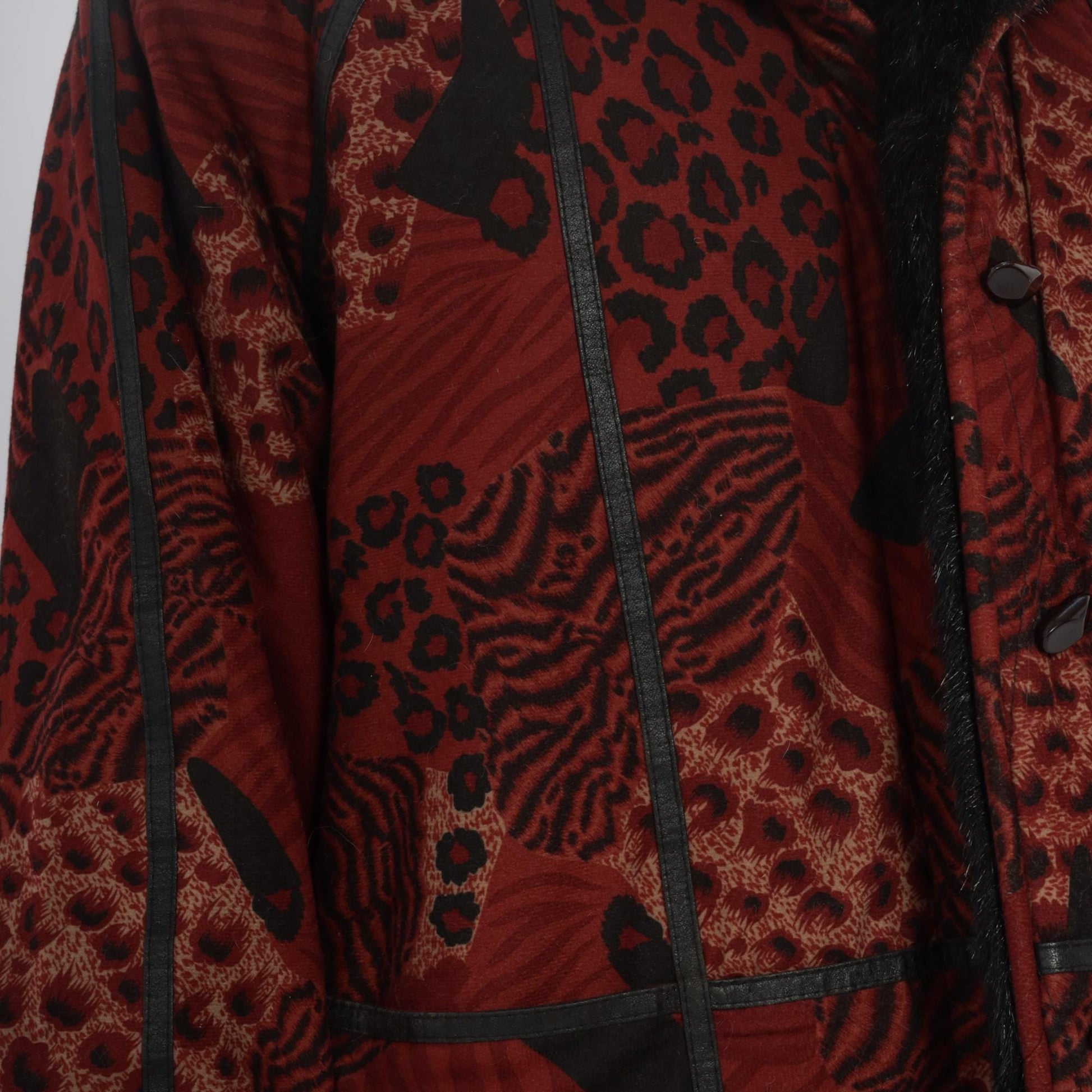 70s Burgundy Patchwork Coat Animal Print Faux Fur Collar Large L