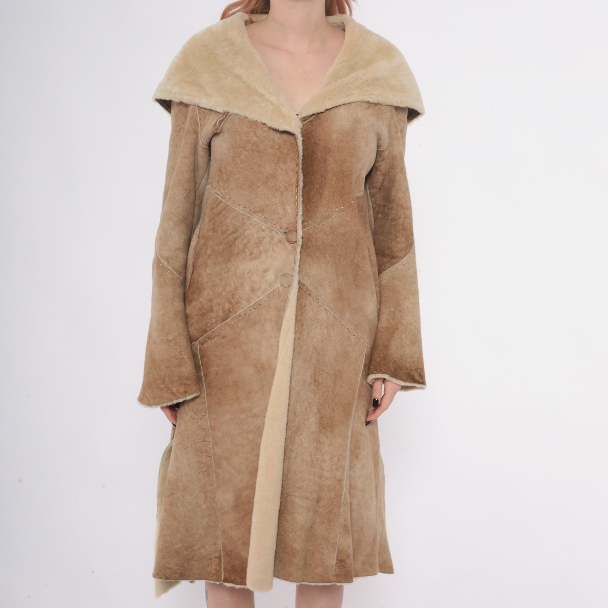 90s Denimaxx Couture Suede Hooded Coat Tan Shearling Trim Small