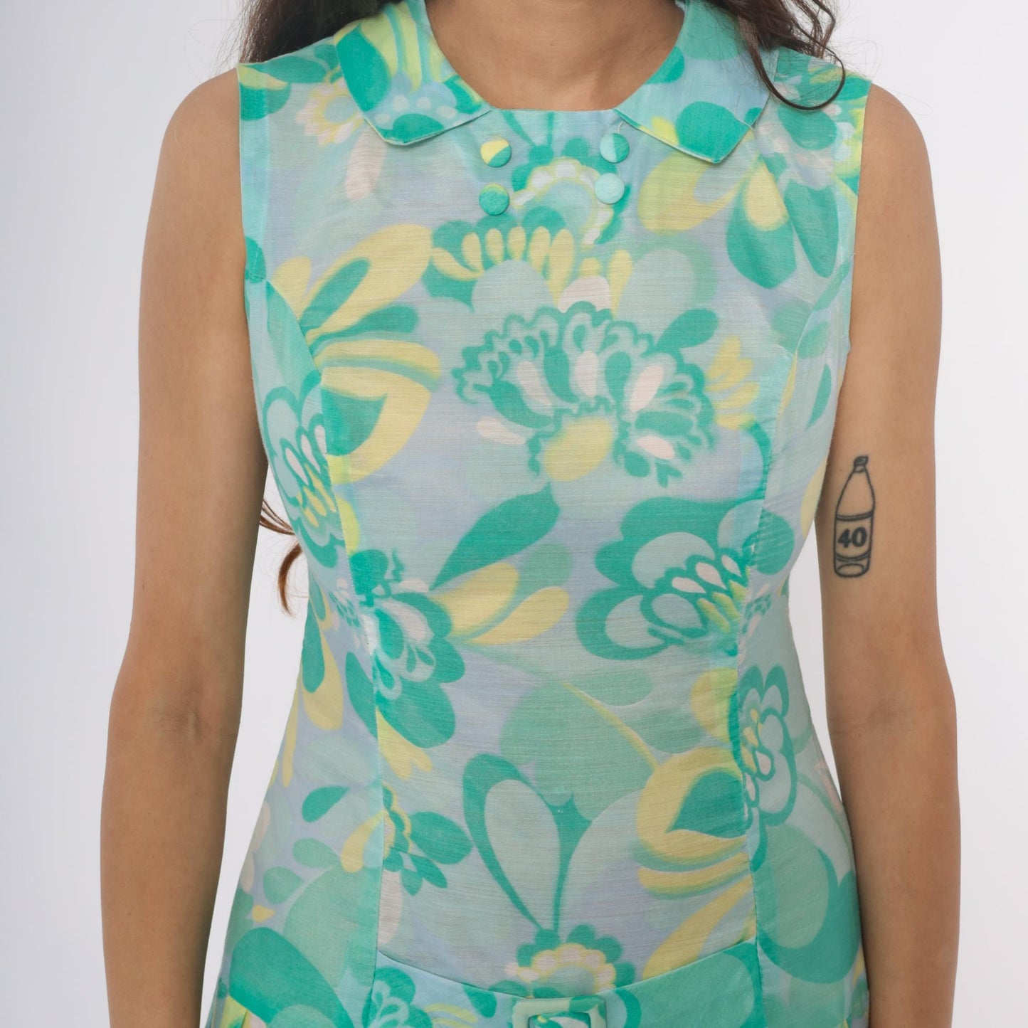 60s Mod Floral Drop Waist Dress Turquoise Peter Pan Collar Pleated Small