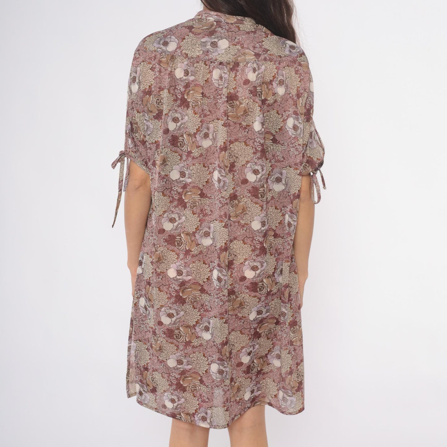 70s Trolley Car Floral Shift Dress Dusty Rose Tie Neck Knee Length Large L