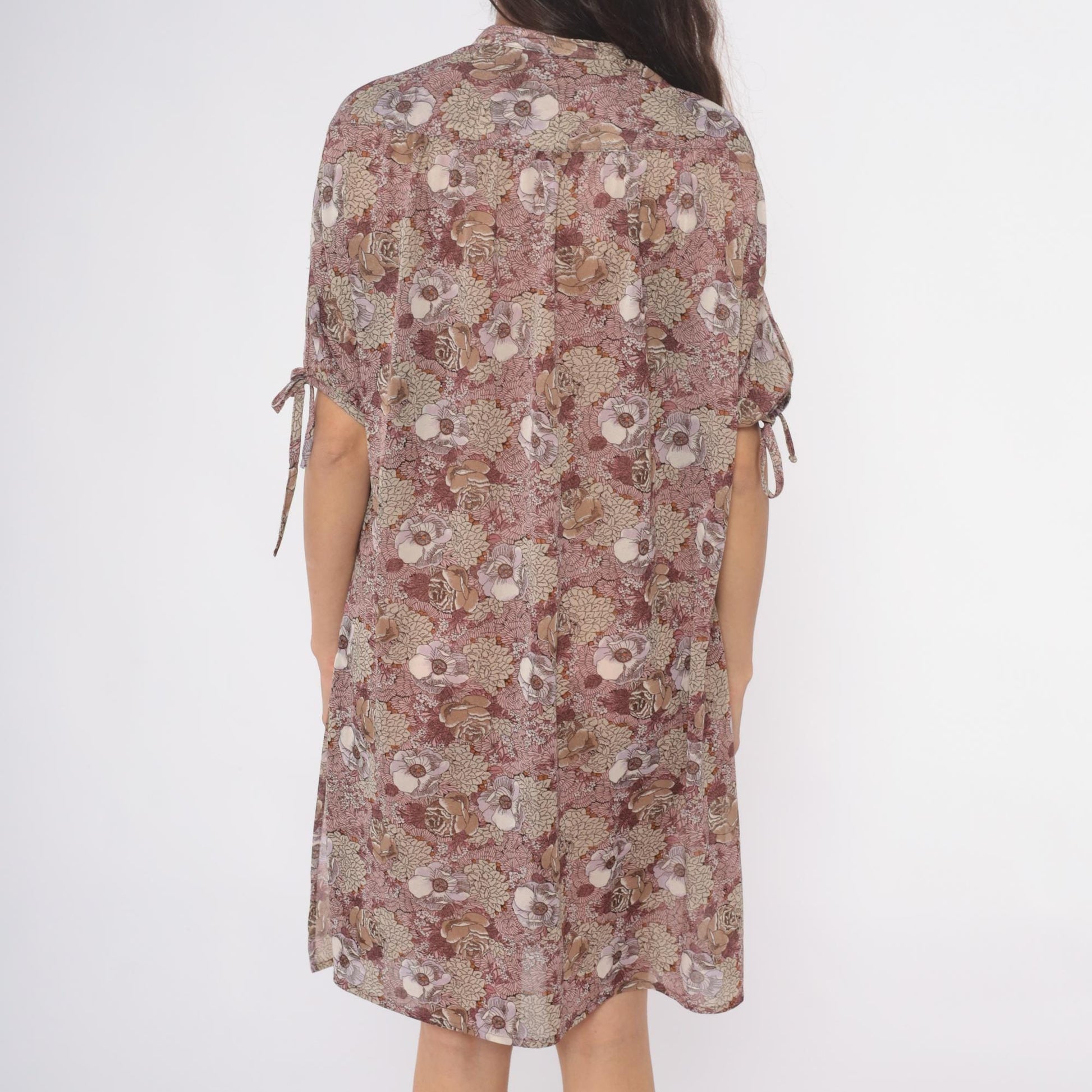 70s Trolley Car Floral Shift Dress Dusty Rose Tie Neck Knee Length Large L