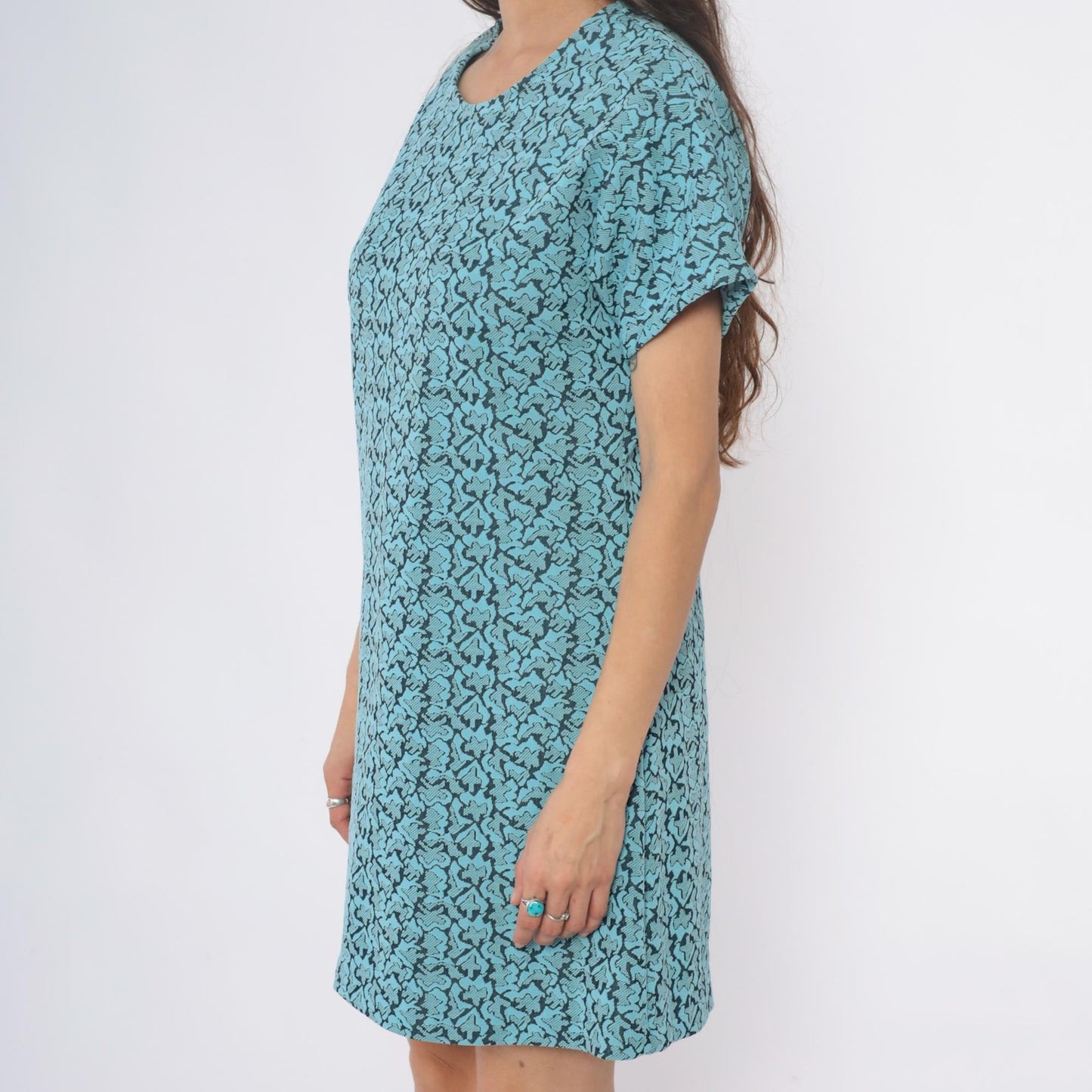 1960s Turquoise Shift Dress Black Floral Damask Print Mini Short Sleeve Large L