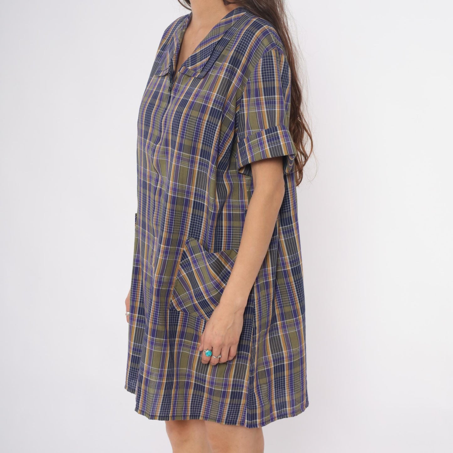 80s Zip N Dash Plaid Shift Dress Collared Pockets Navy Olive Extra Large