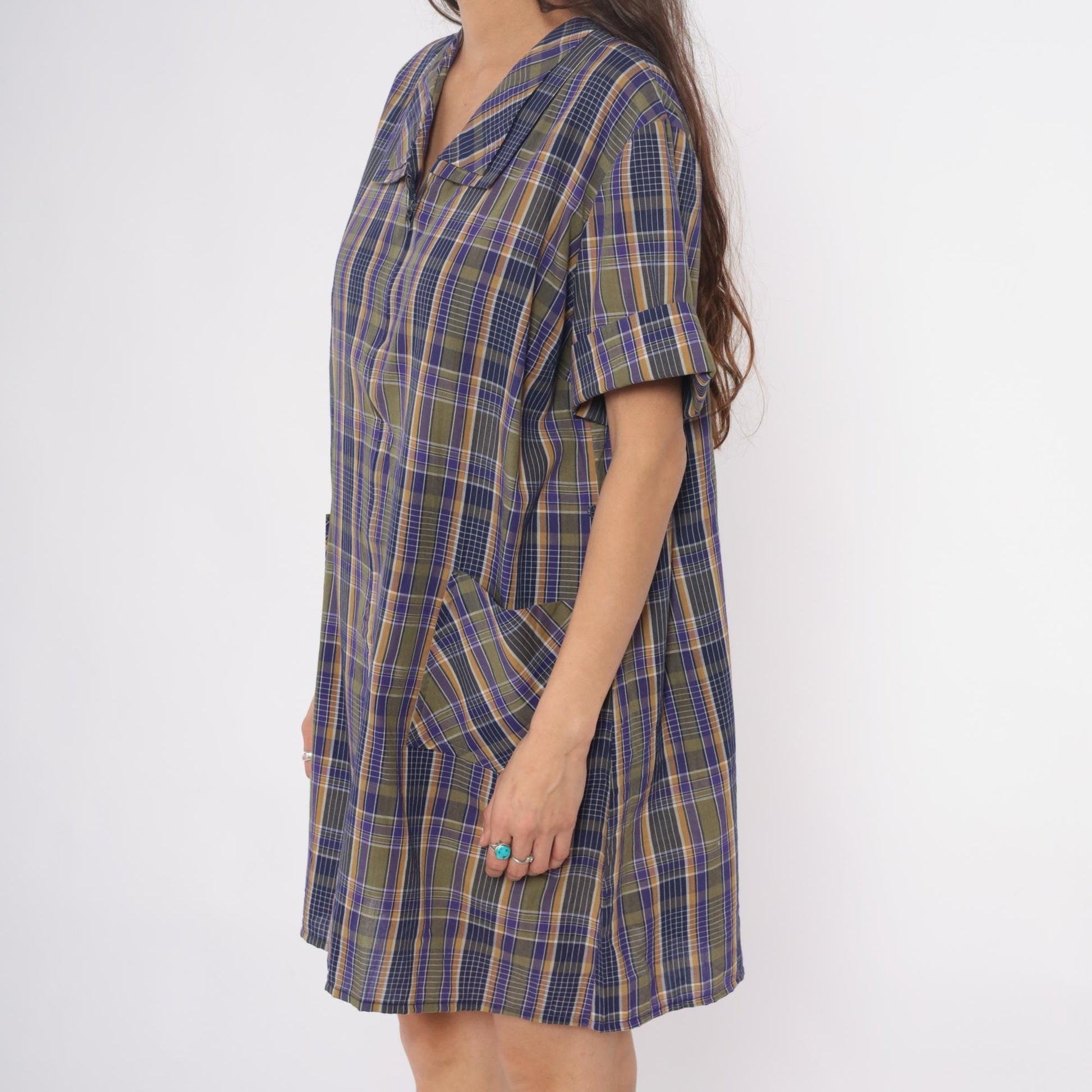 80s Zip N Dash Plaid Shift Dress Collared Pockets Navy Olive Extra Large