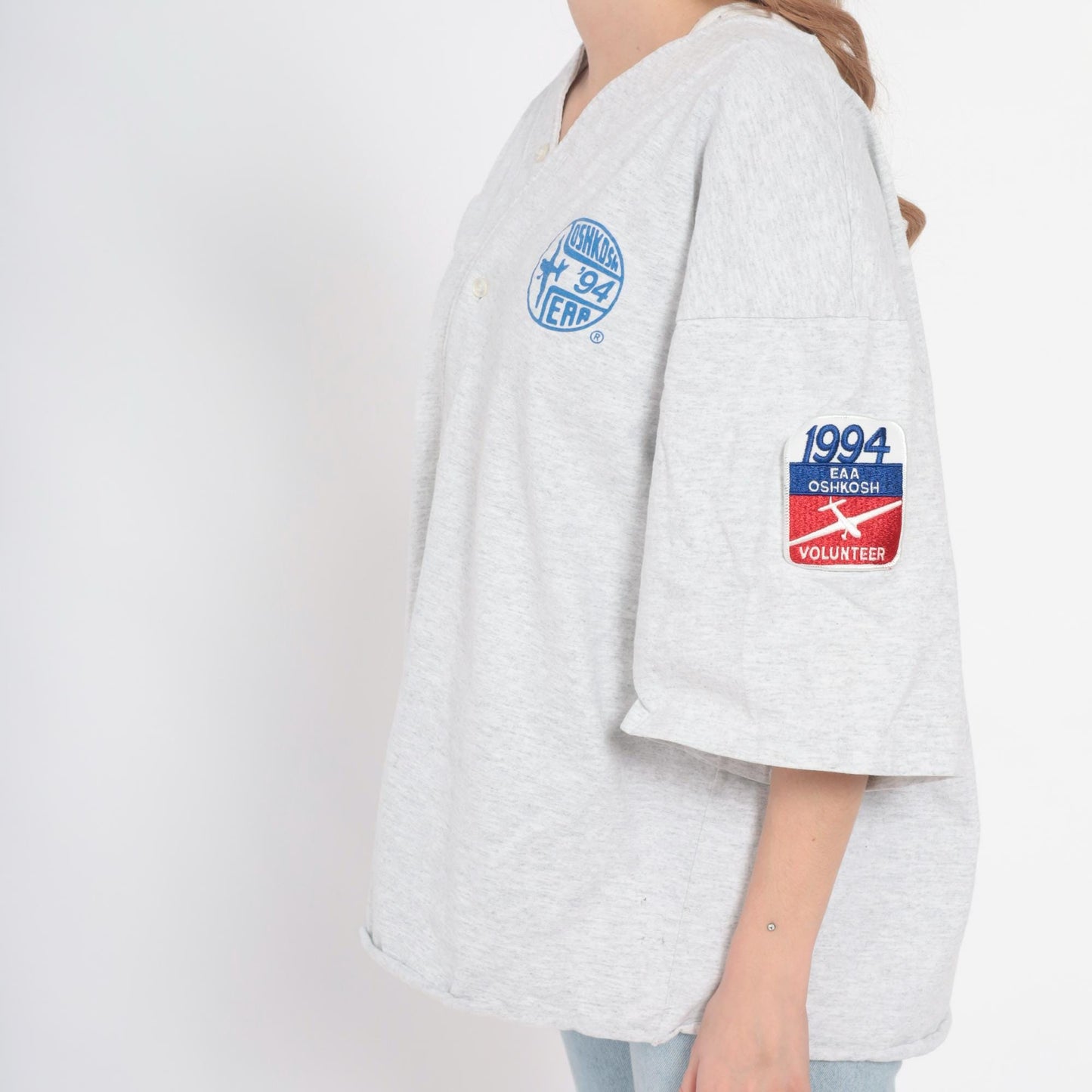 90s Motorsport Traditions EAA Oshkosh Volunteer Baseball Jersey Grey Cotton XL