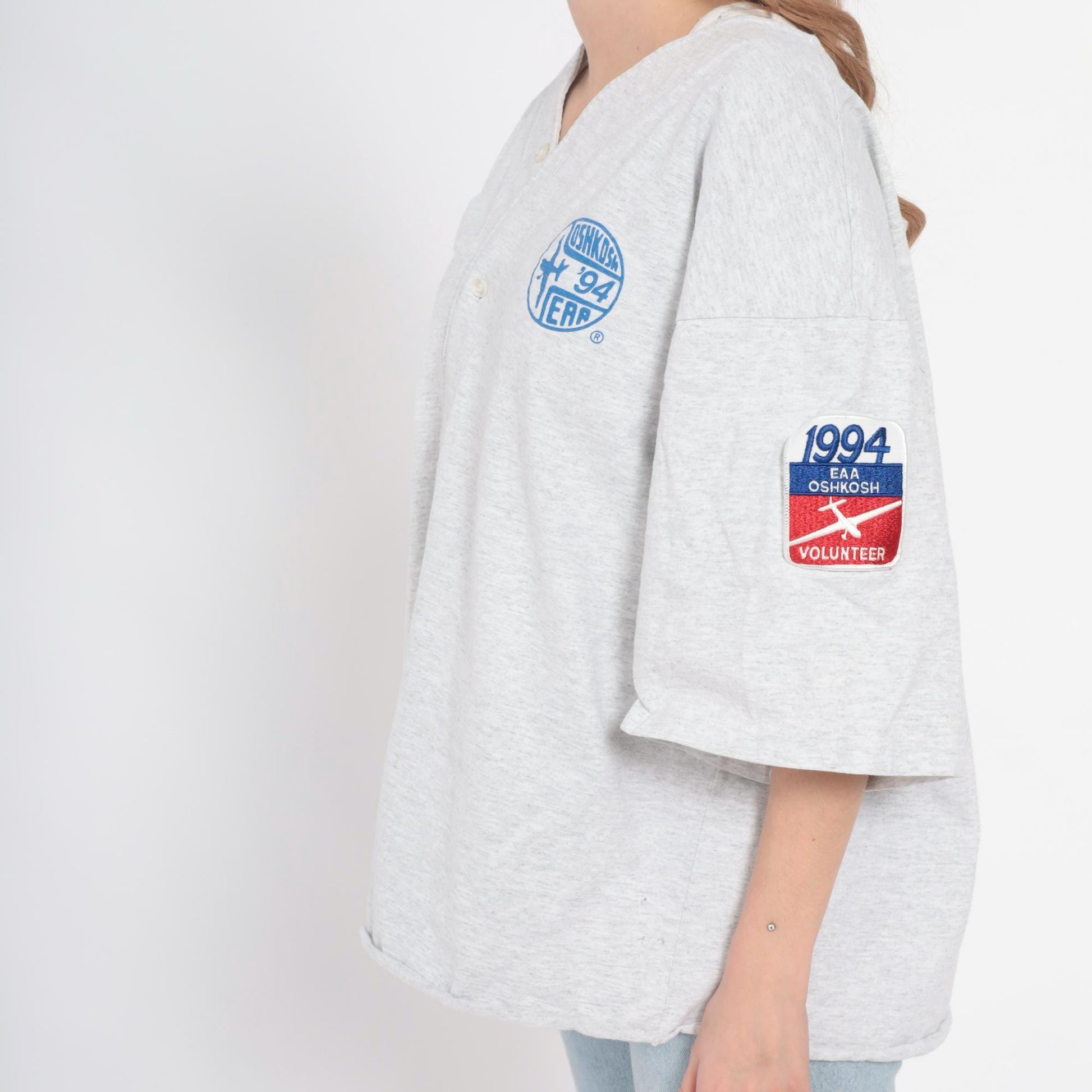 90s Motorsport Traditions EAA Oshkosh Volunteer Baseball Jersey Grey Cotton XL