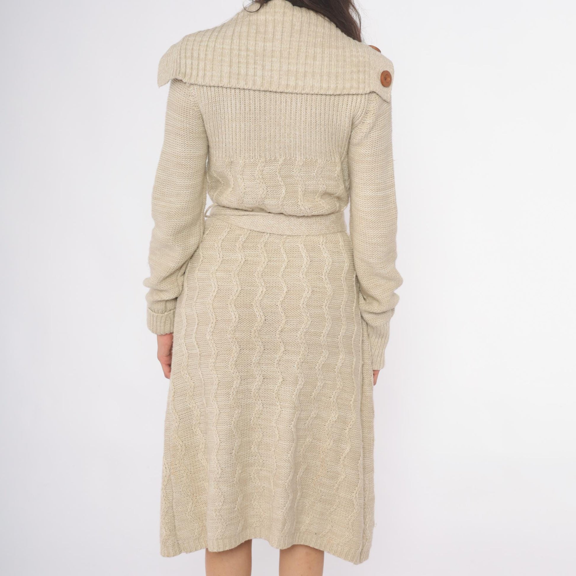 70s Dawn International Cable Knit Cardigan Cream Shawl Collar Duster Small