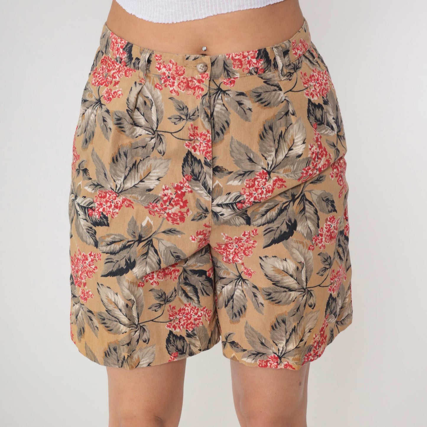 Y2K Jones New York Floral Shorts High Waisted Pleated Linen Tan Large L