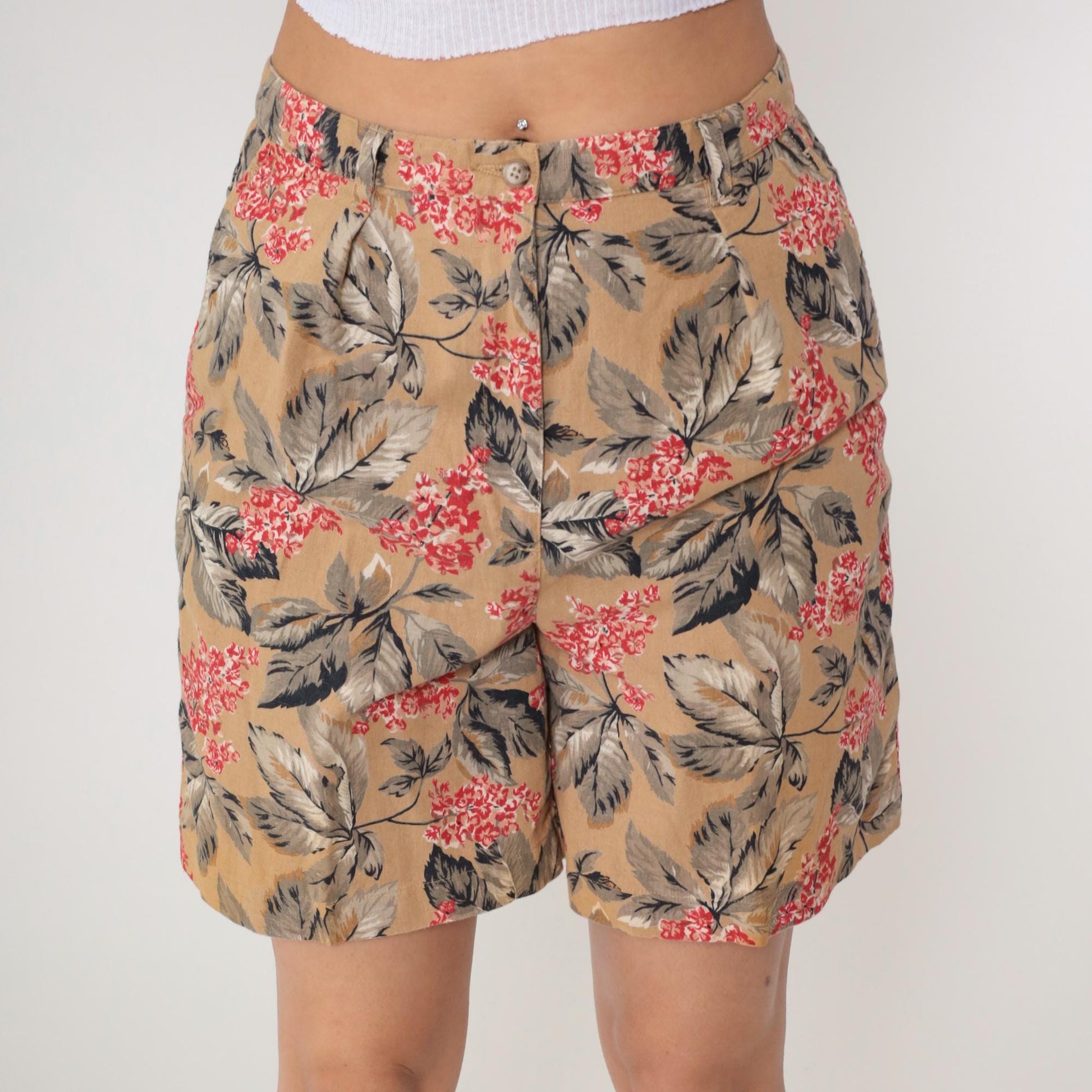 Y2K Jones New York Floral Shorts High Waisted Pleated Linen Tan Large L