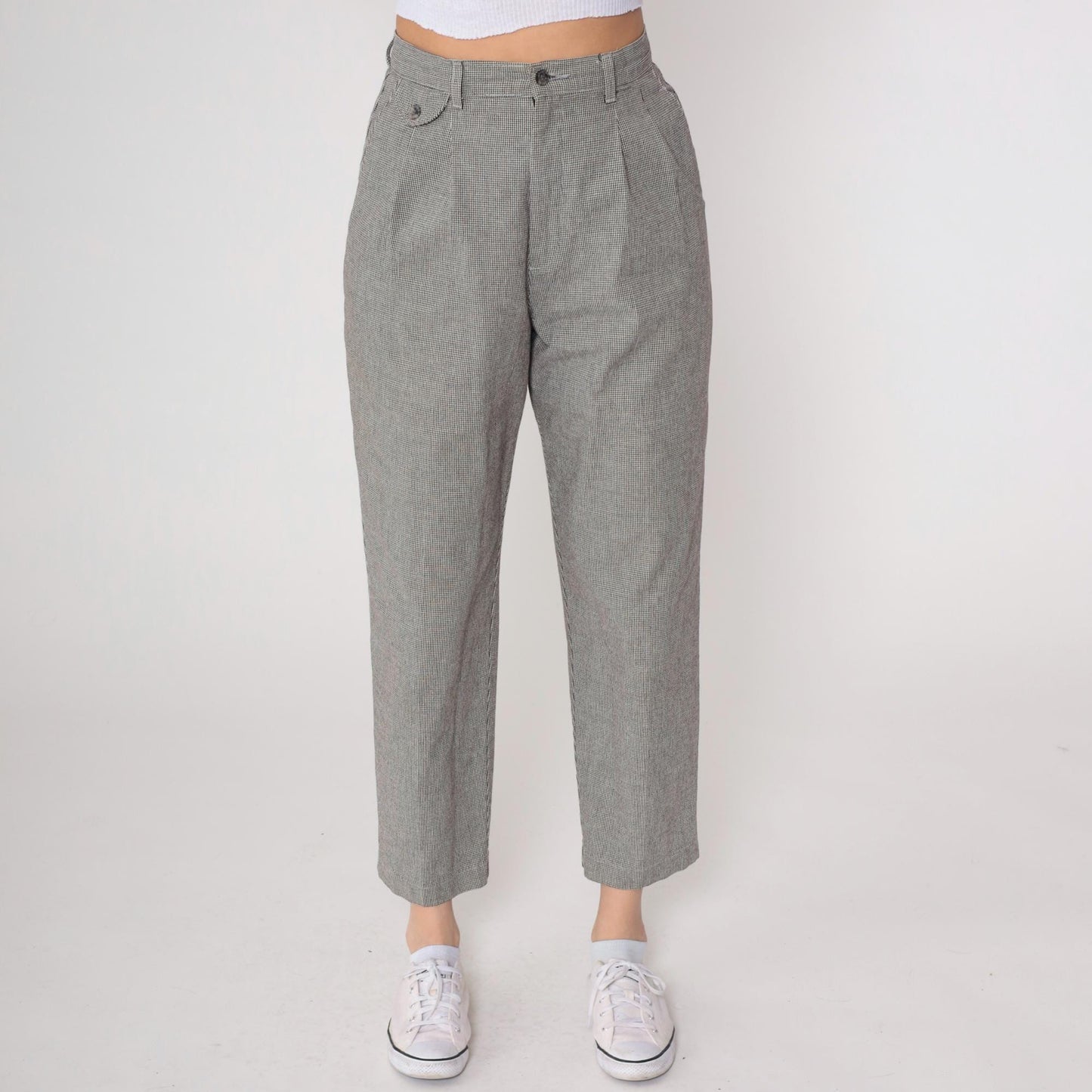 80s Lee Casuals Gray Houndstooth High Waist Tapered Ankle Trousers 29