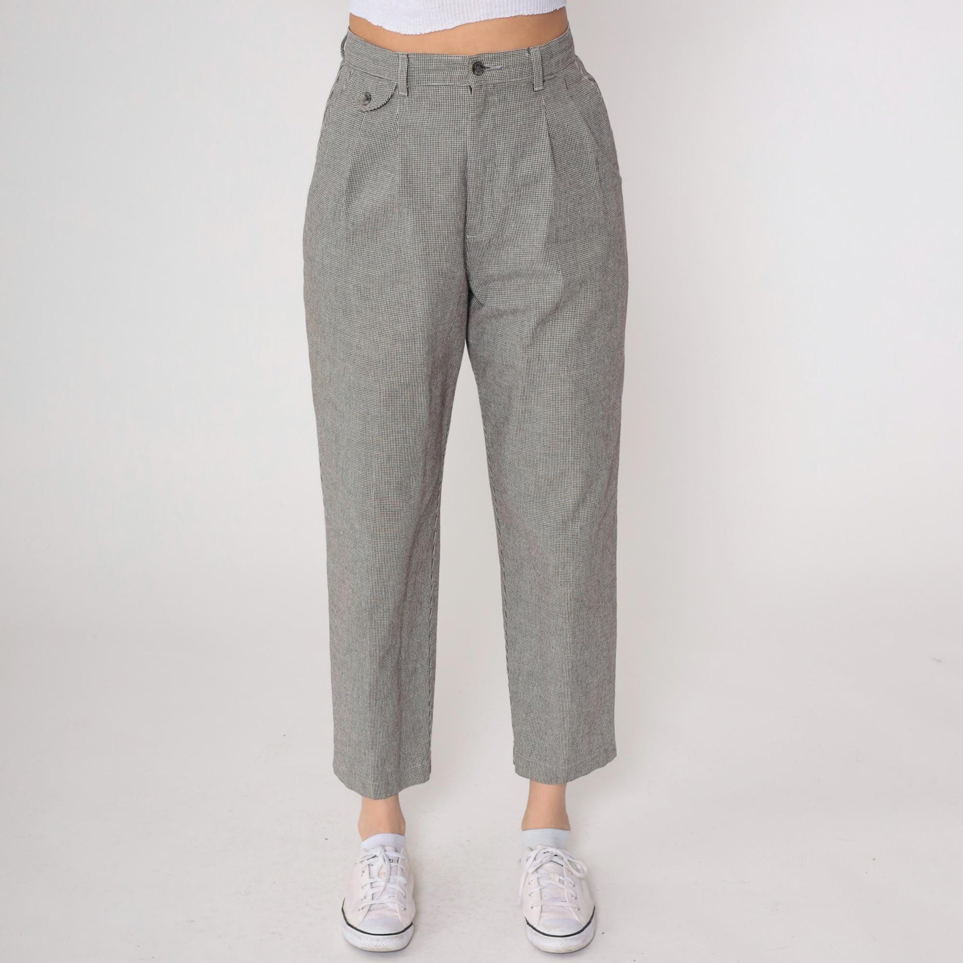 80s Lee Casuals Gray Houndstooth High Waist Tapered Ankle Trousers 29