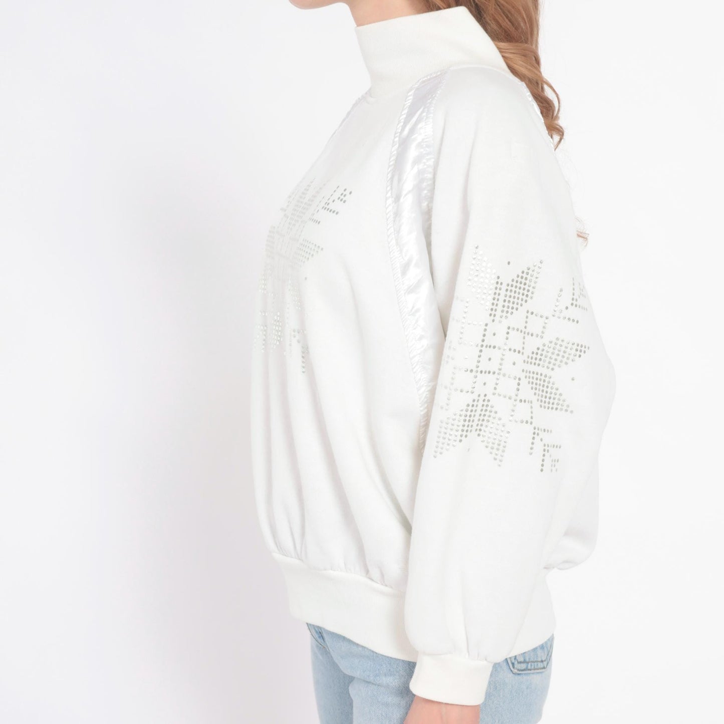 90s Adidas White Rhinestone Snowflake Sweatshirt Satin Panel Medium M