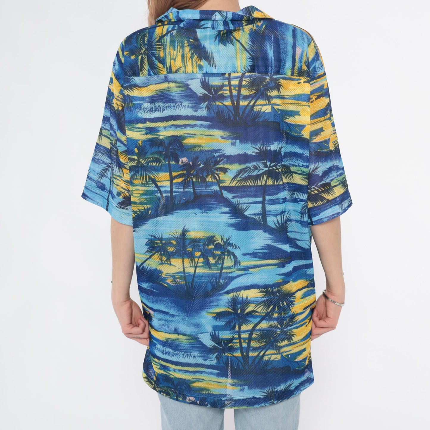 Y2K Pineapple Connection Hawaiian Shirt Blue Yellow Palm Tree Print Large L