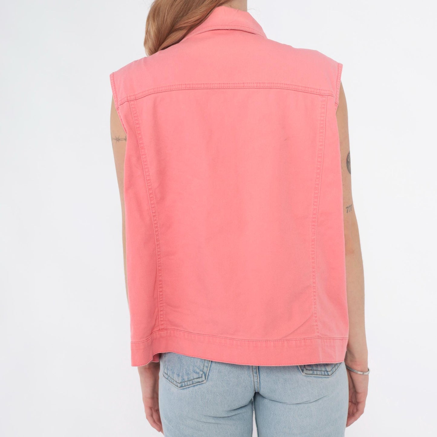 90s Bend Over Pink Denim Vest Button Front Pointed Collar Extra Large XL