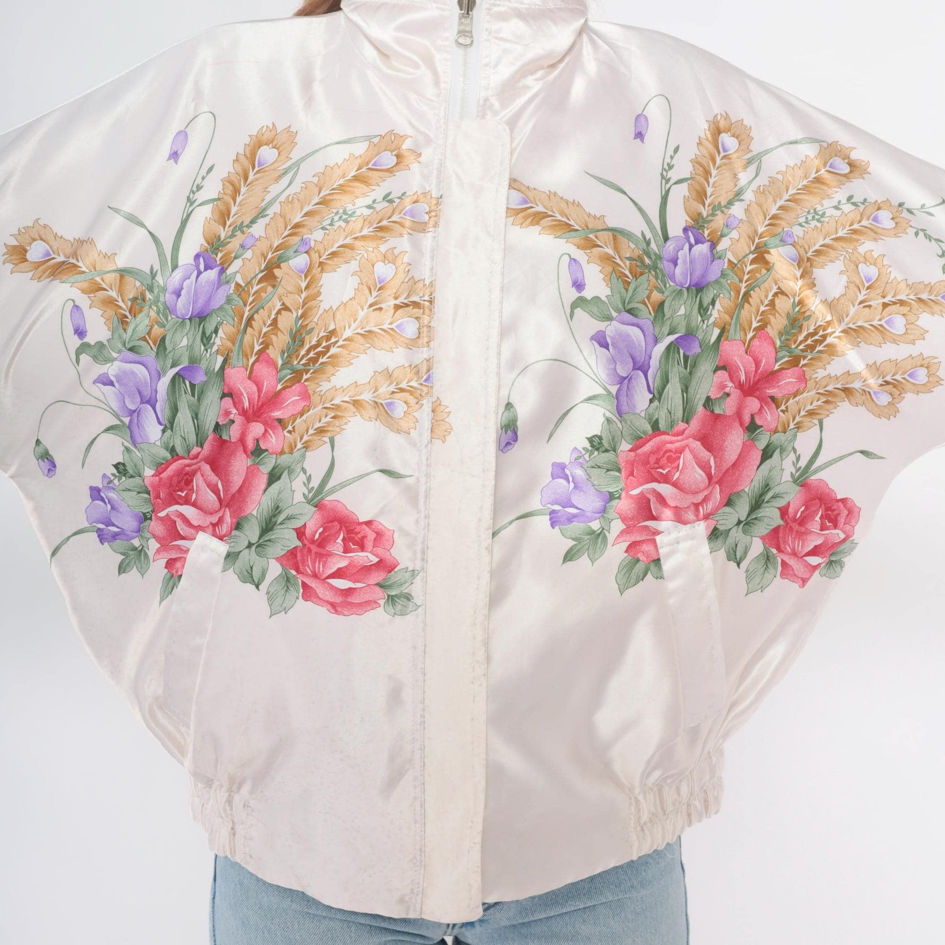 90s Floral Windbreaker Jacket White Zip Botanical Print Medium M