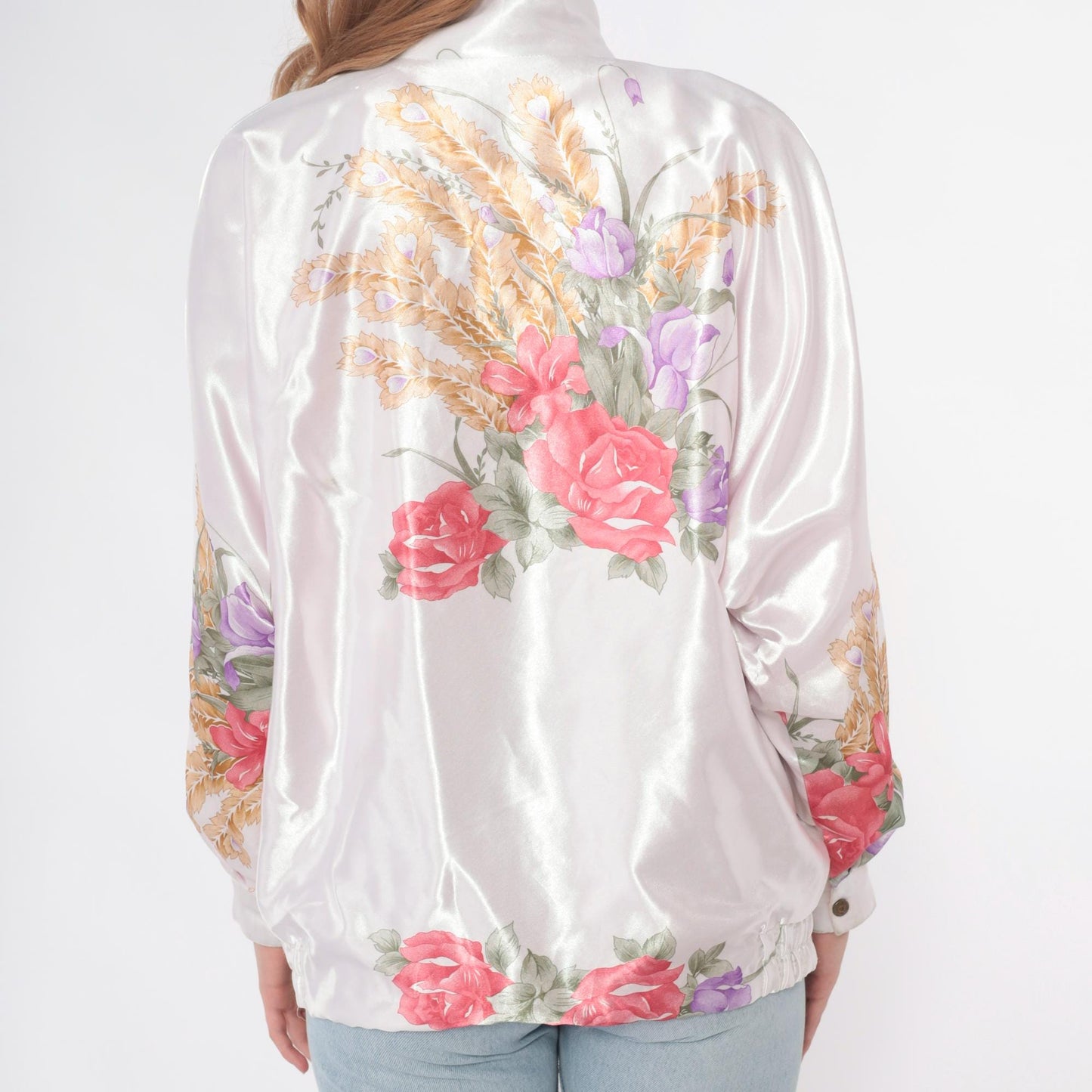 90s Floral Satin Bomber Jacket White Pink Rose Purple Wheat Zip Medium