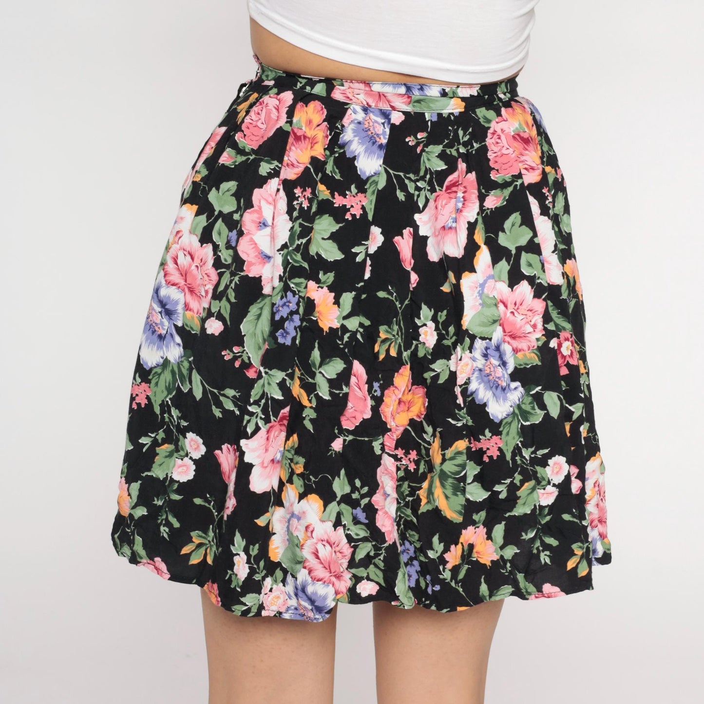 90s Rampage Floral Mini Skirt Black Pink Purple Orange Green Small S