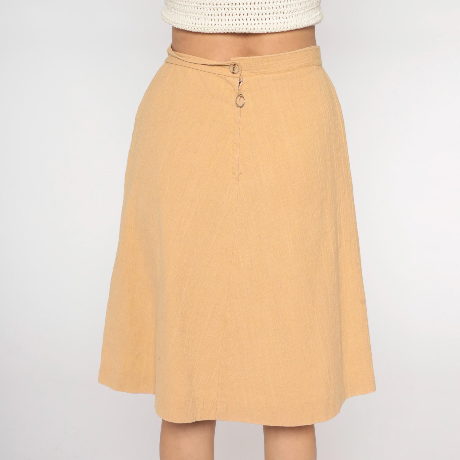 70s Beige A-Line Mini Skirt Crochet Pocket Cotton Linen Medium M