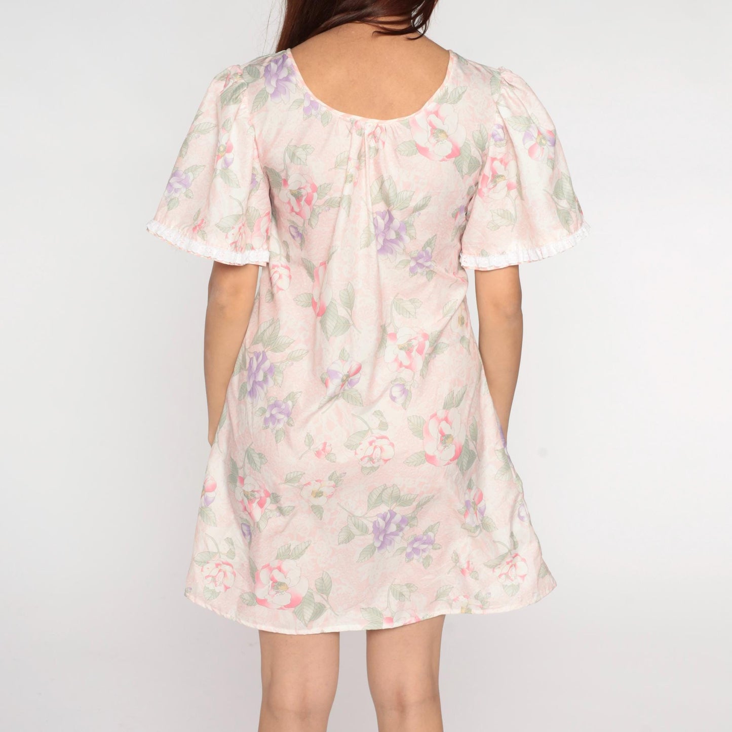 80s Pastel Floral Mini Dress Puff Sleeve Pink Purple Green A-Line Medium M