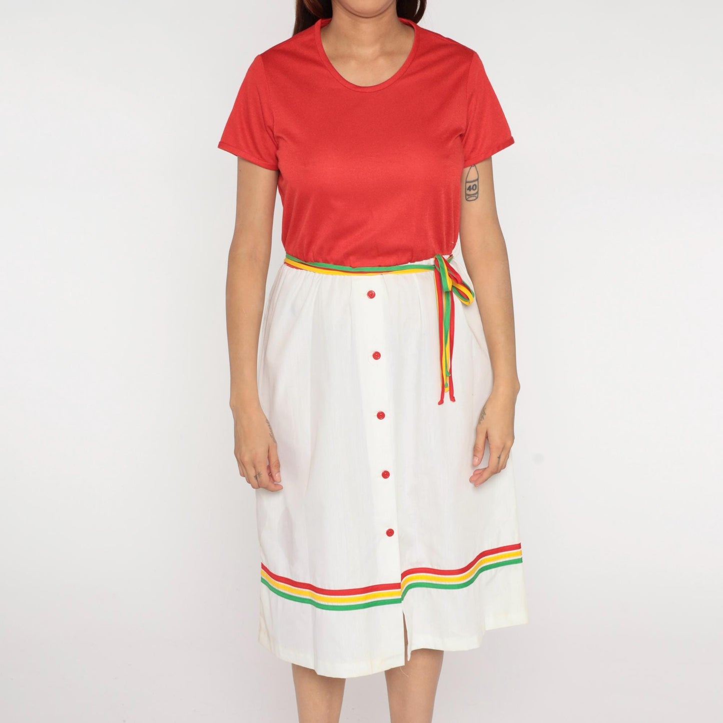 80s Star Shine Colorblock Dress Coral White Rainbow Stripe Belt Large