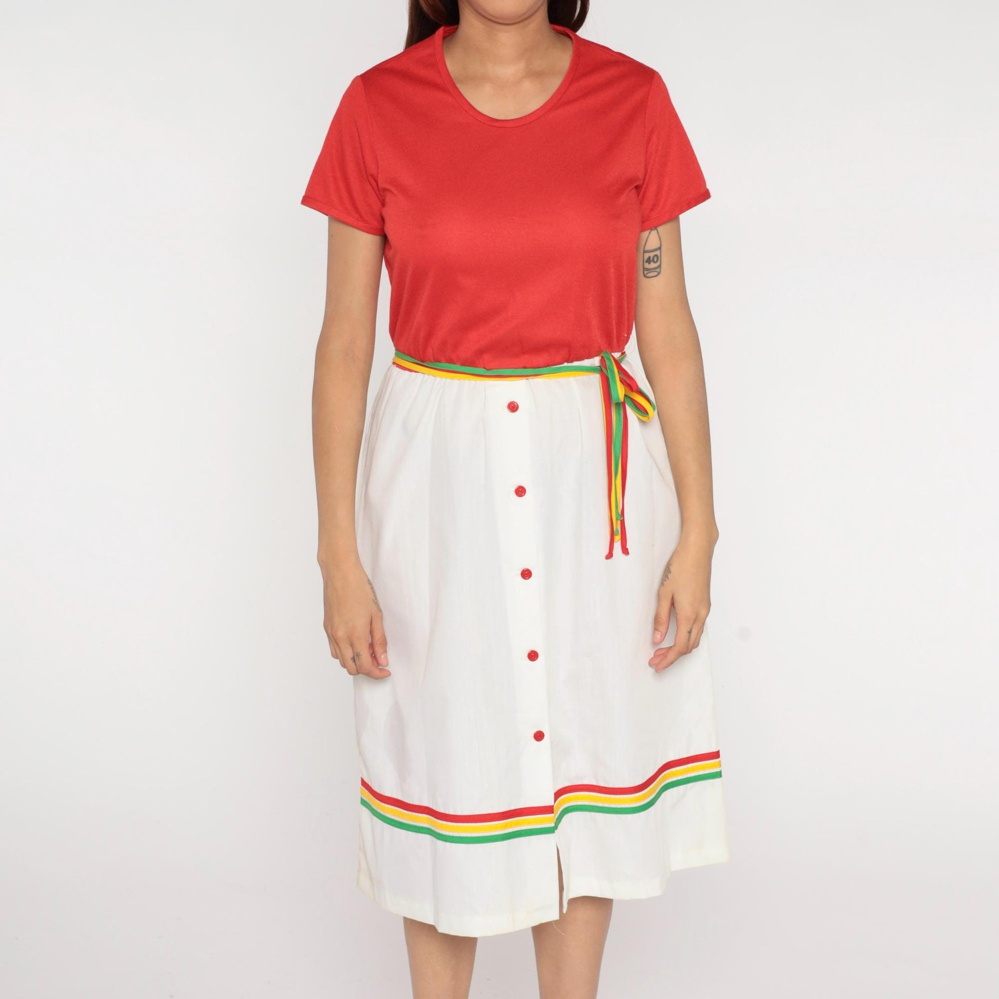 80s Star Shine Colorblock Dress Coral White Rainbow Stripe Belt Large