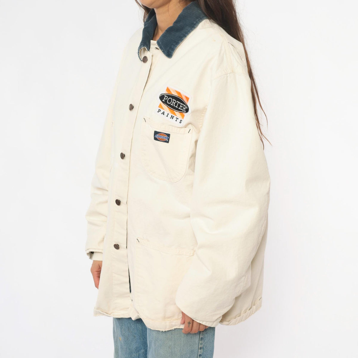 90s Dickies Porter Paints Work Jacket Cream Corduroy Collar Flannel Lined Extra Large