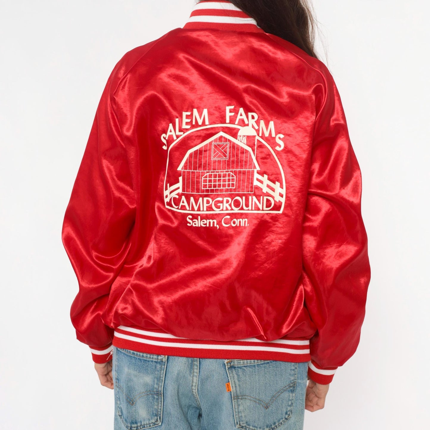 90s Red Satin Bomber Jacket Embroidered Salem Farms Campground Connecticut Large