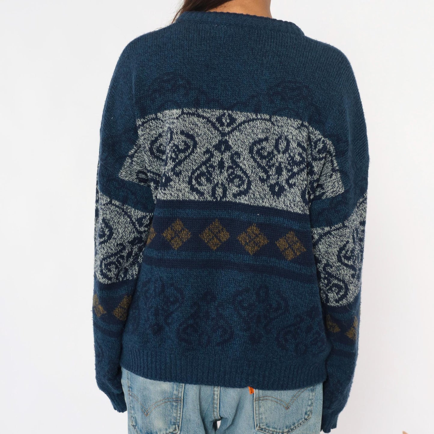 90s Fair Isle Sweater Navy White Gold Geometric Knit Crewneck Large L