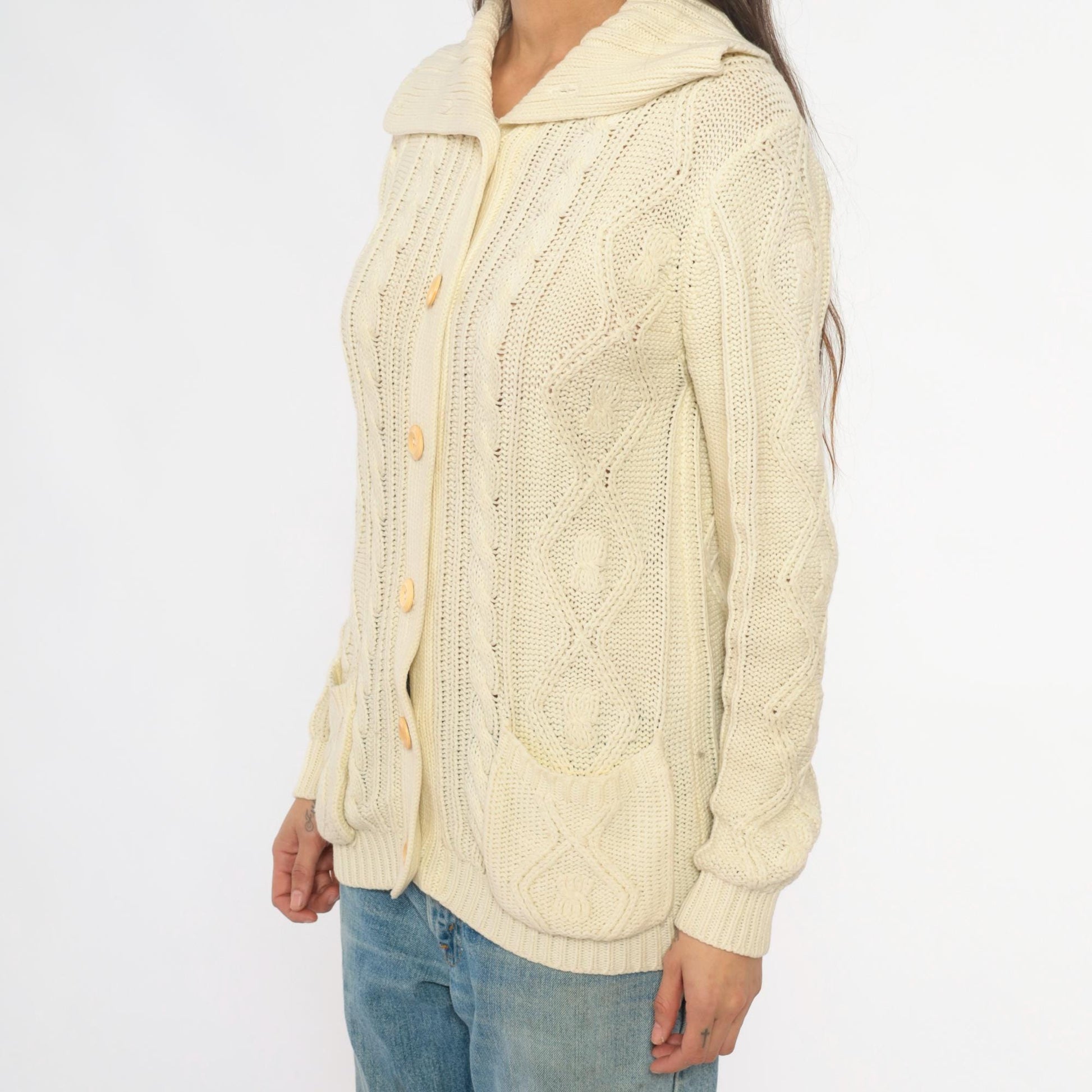 70s Cable Knit Cardigan Cream Shawl Collar Patch Pockets Small
