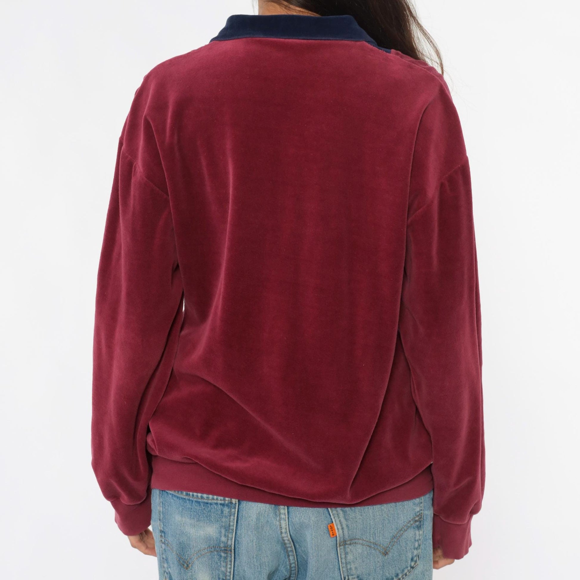80s Velour Pullover Burgundy Navy Colorblock Half Zip Collared Track Top Medium