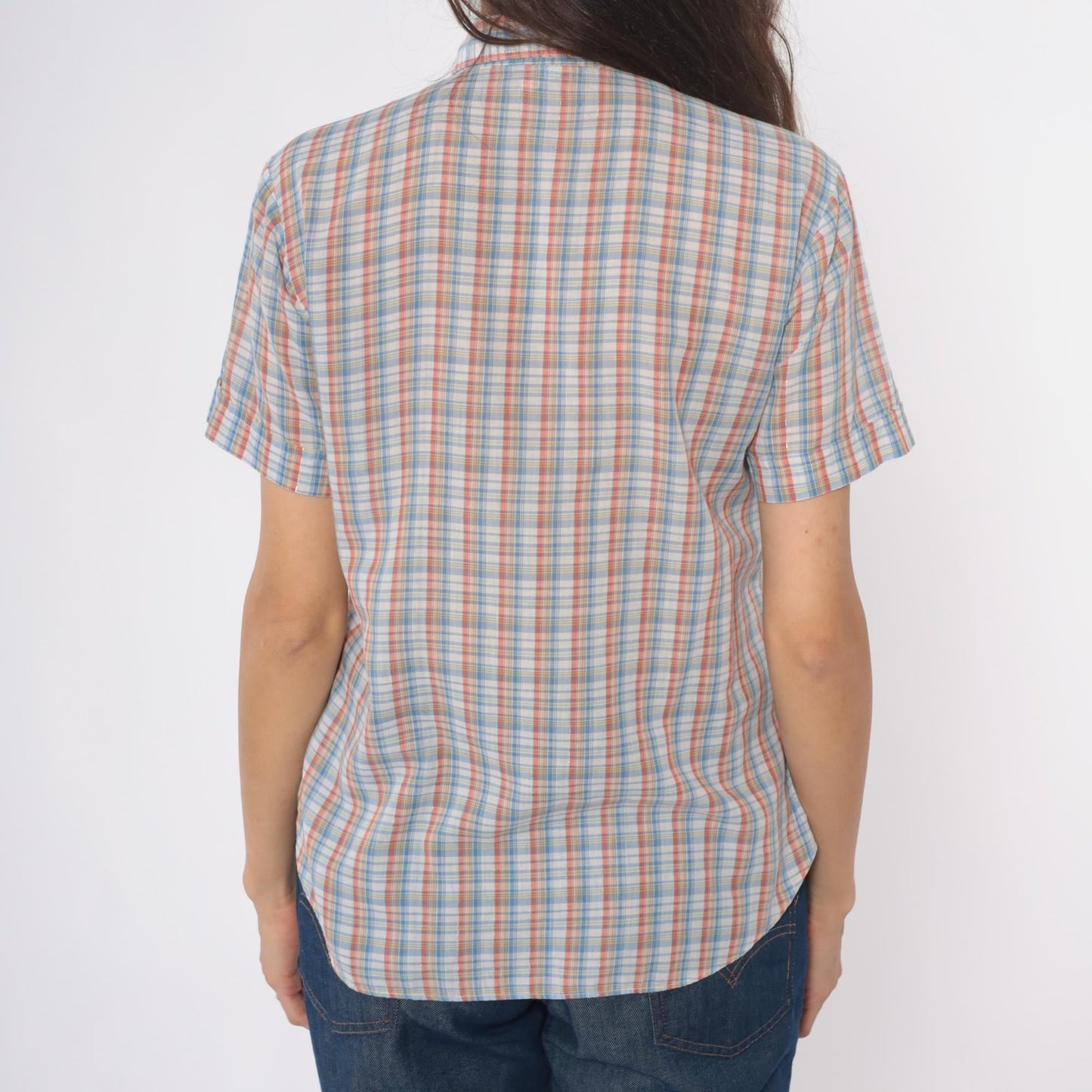 80s Plaid Button-Up Shirt Short Sleeve Pointed Collar Cotton Multicolor Medium