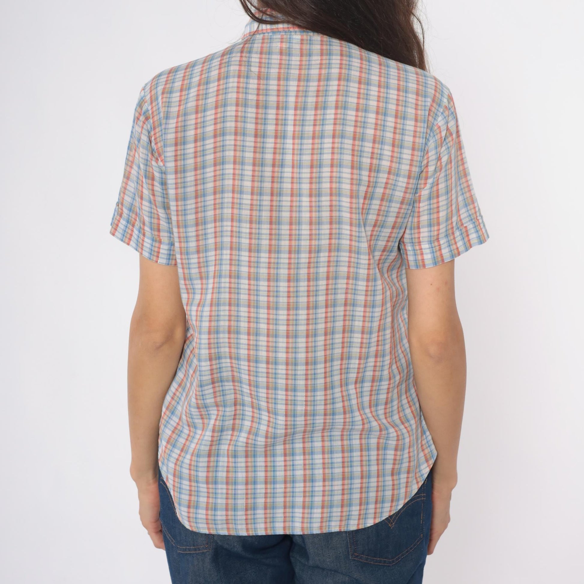 80s Plaid Button-Up Shirt Short Sleeve Pointed Collar Cotton Multicolor Medium