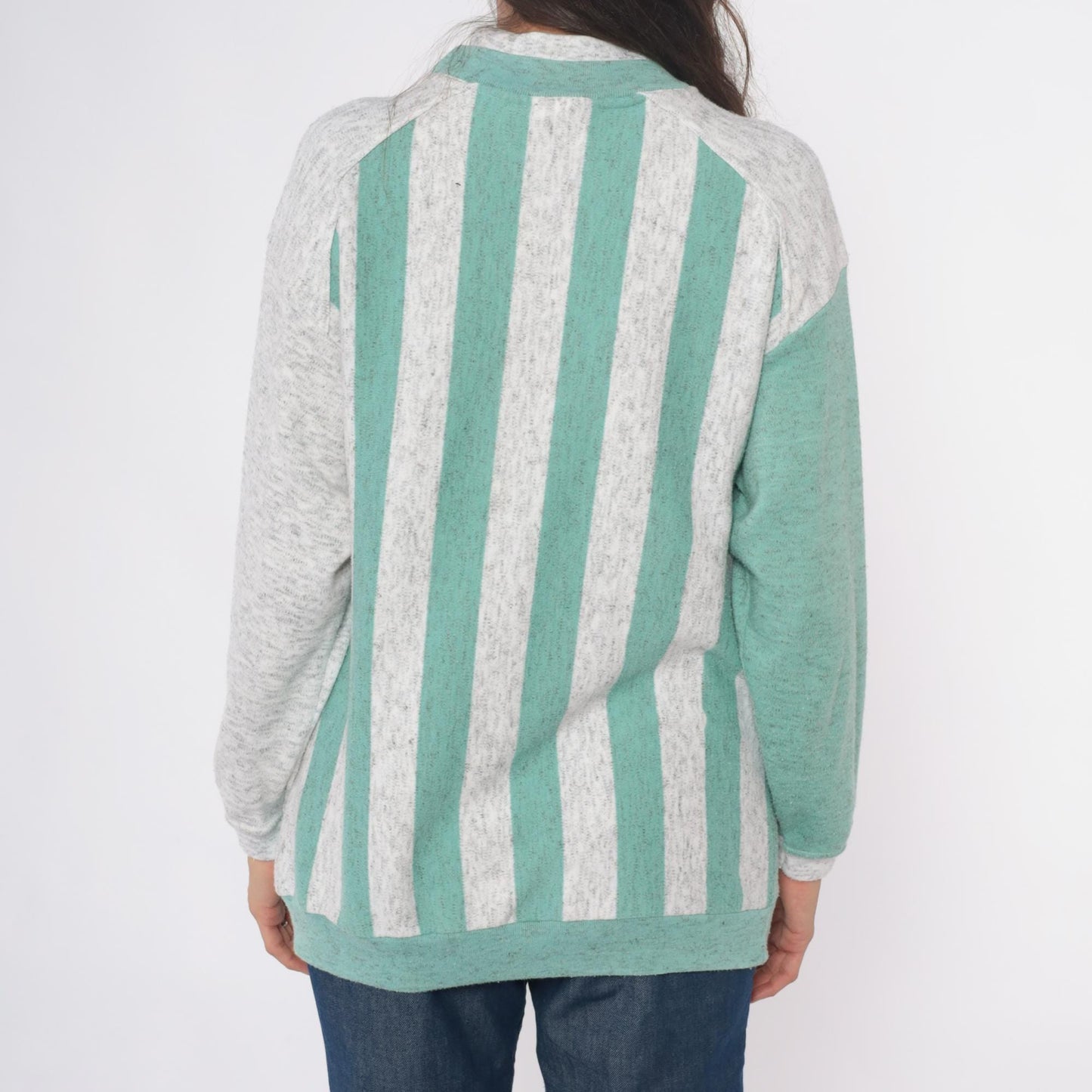 90s Aileen Petites Striped Mock Neck Sweatshirt Teal Grey Medium
