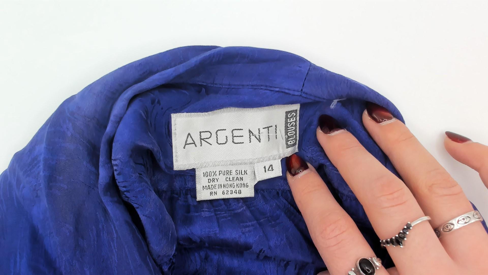 90s Argenti Royal Blue Silk Blouse Pussy Bow Tie Neck Gathered Shoulders Large L