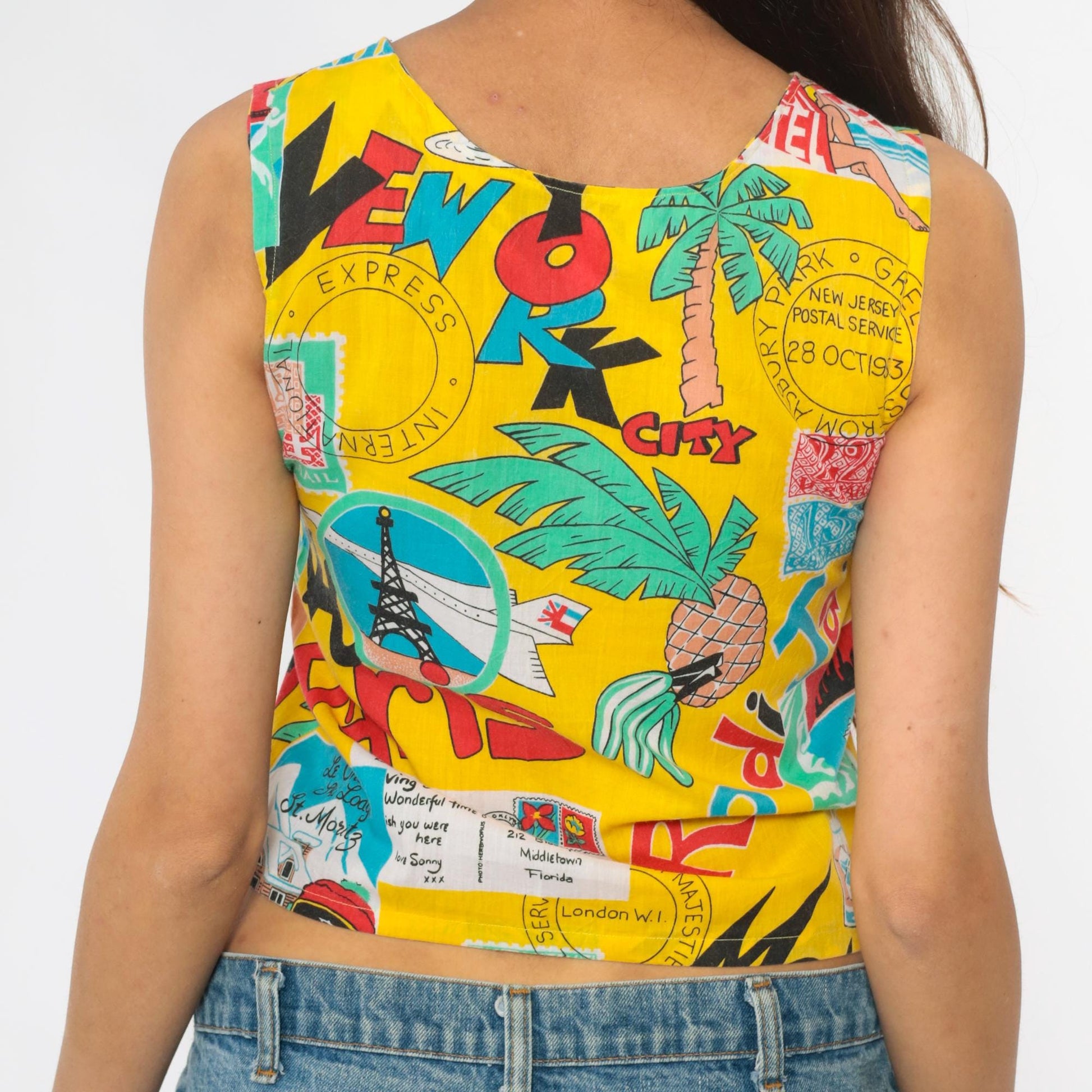 90s Yellow Crop Tank Postcard Print Novelty Sleeveless Top Extra Small XS